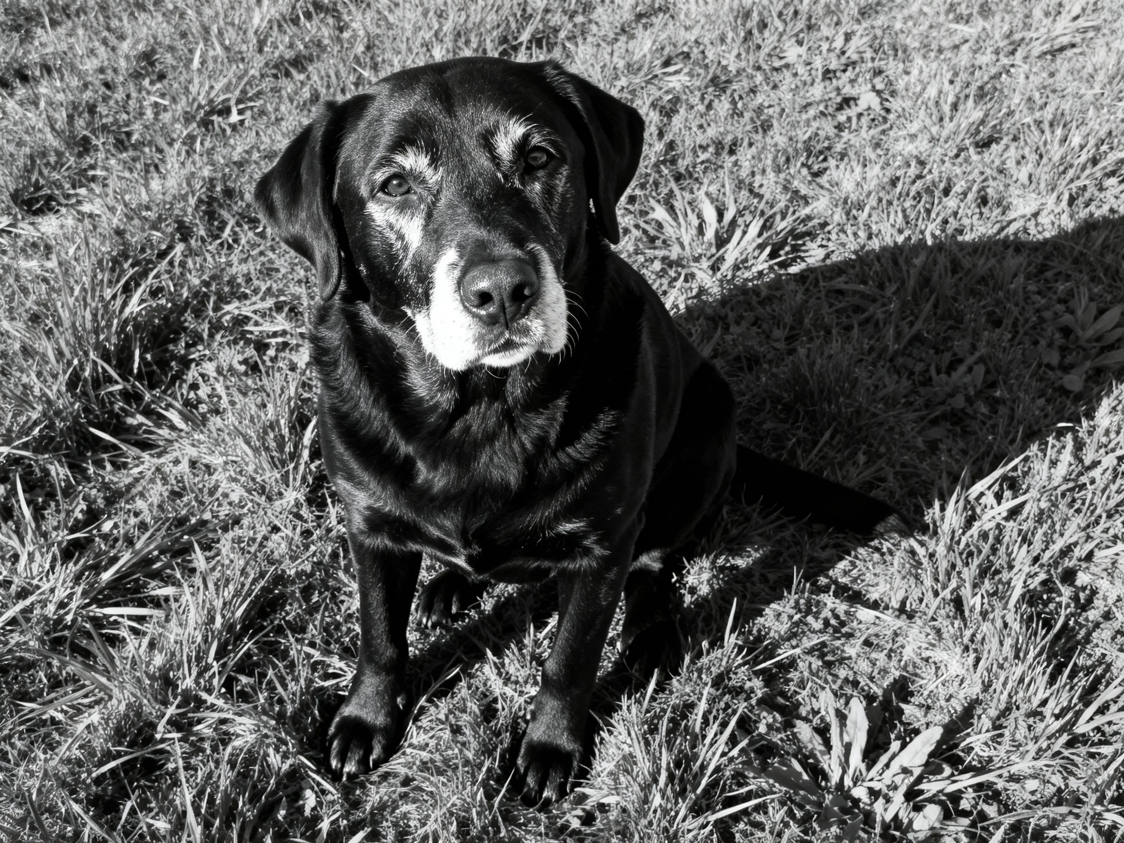 A black dog sits on grass with clear shadows