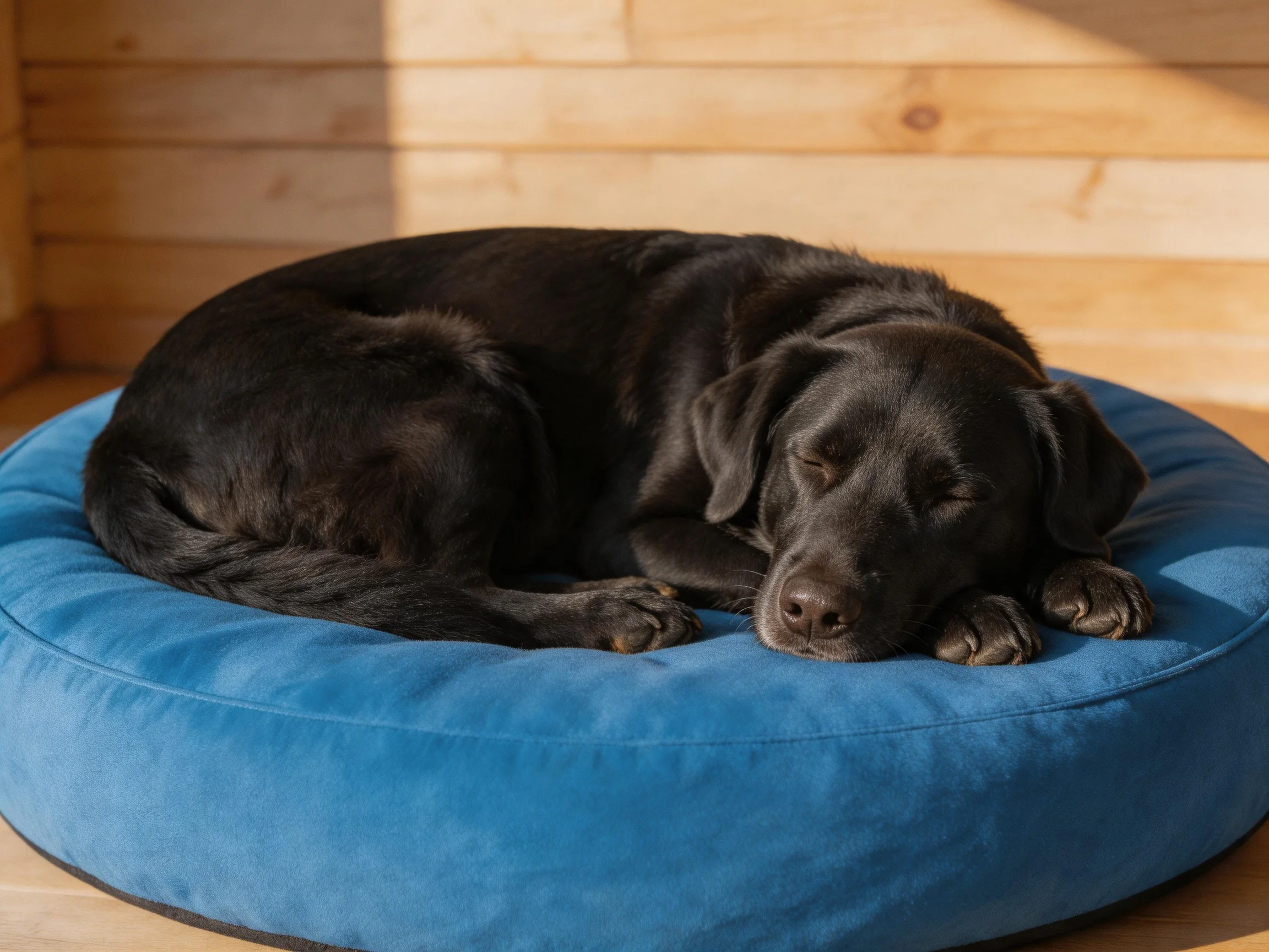 A black dog rests on a blue bed in a wooden interior.