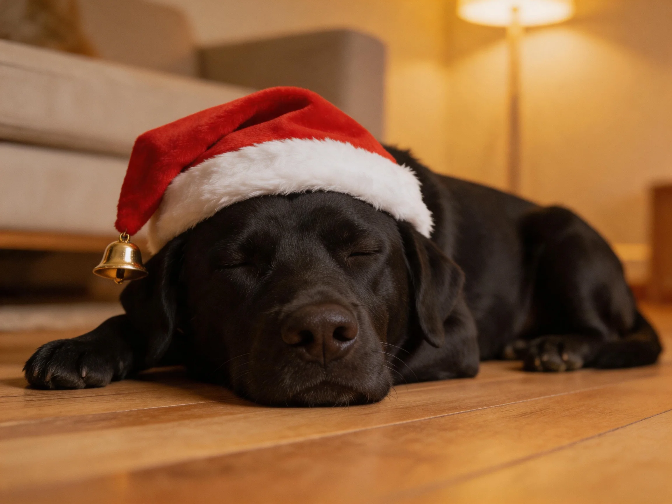 A black dog naps on a wooden floor while wearing a red Santa hat.