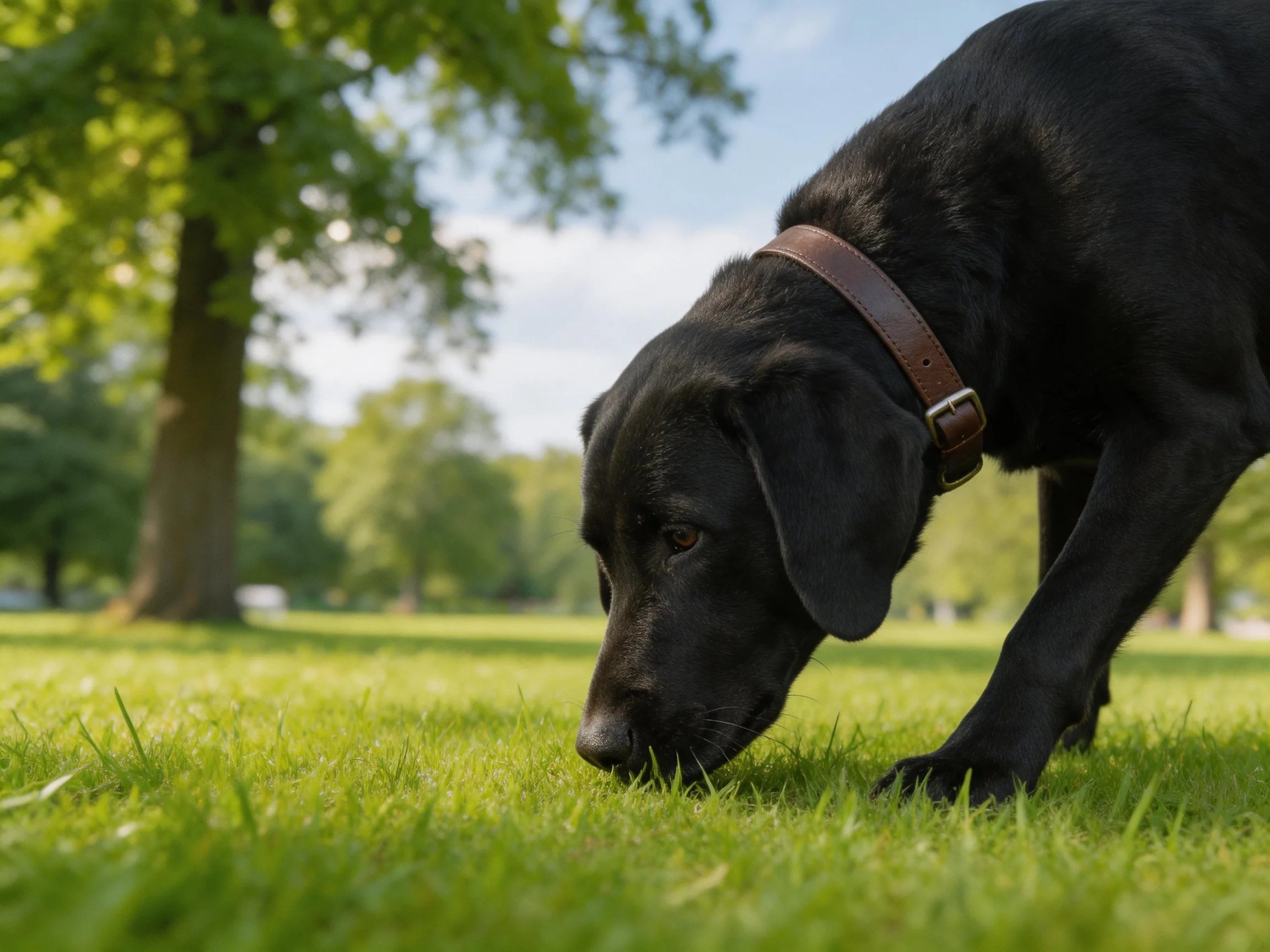 A black dog sniffs vibrant green grass in a sunny park