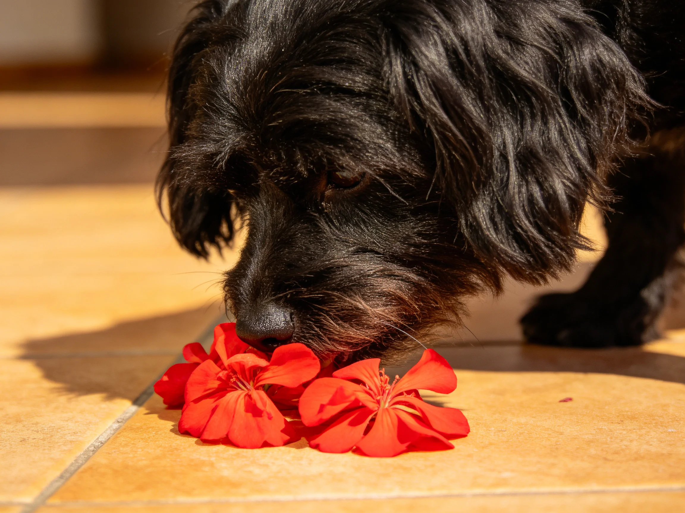 A black dog sniffs vibrant red flowers on a tiled floor