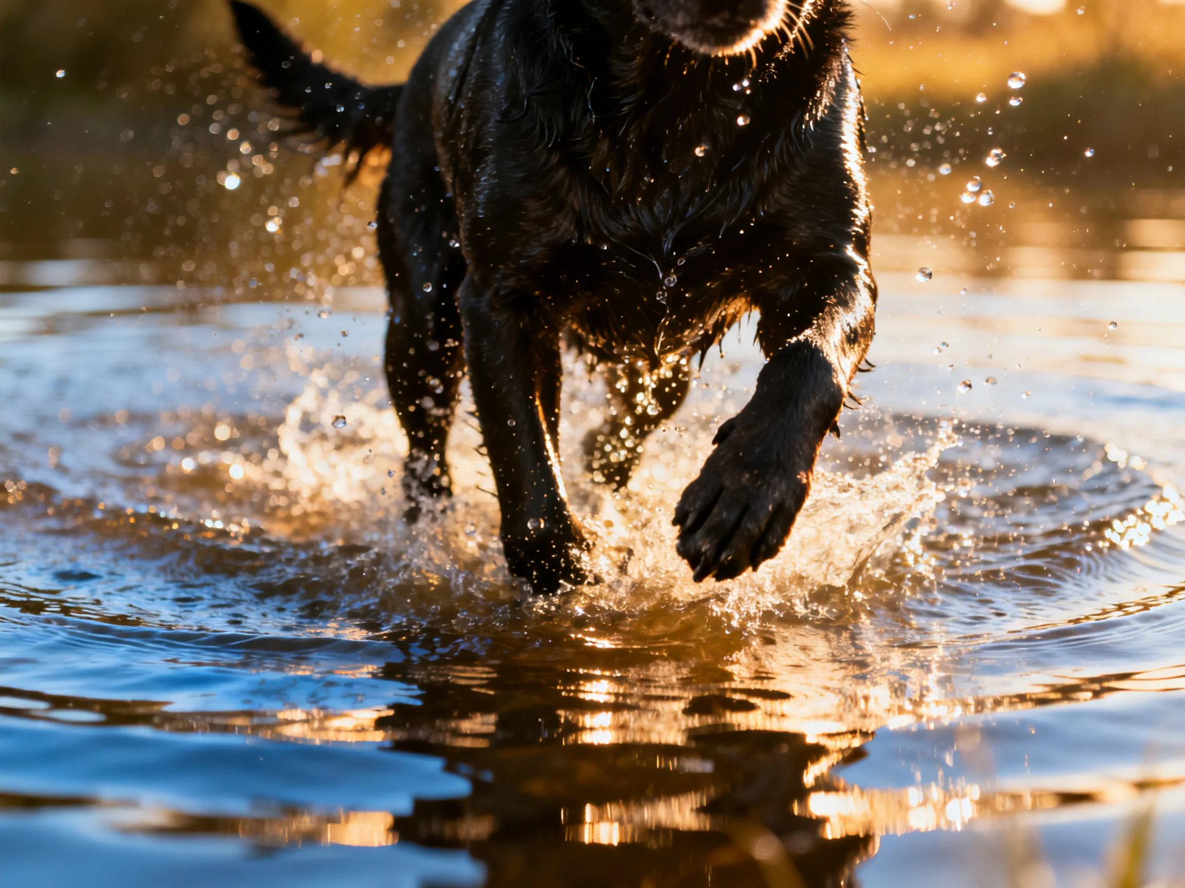 A black dog splashing energetically in shallow water during golden hour
