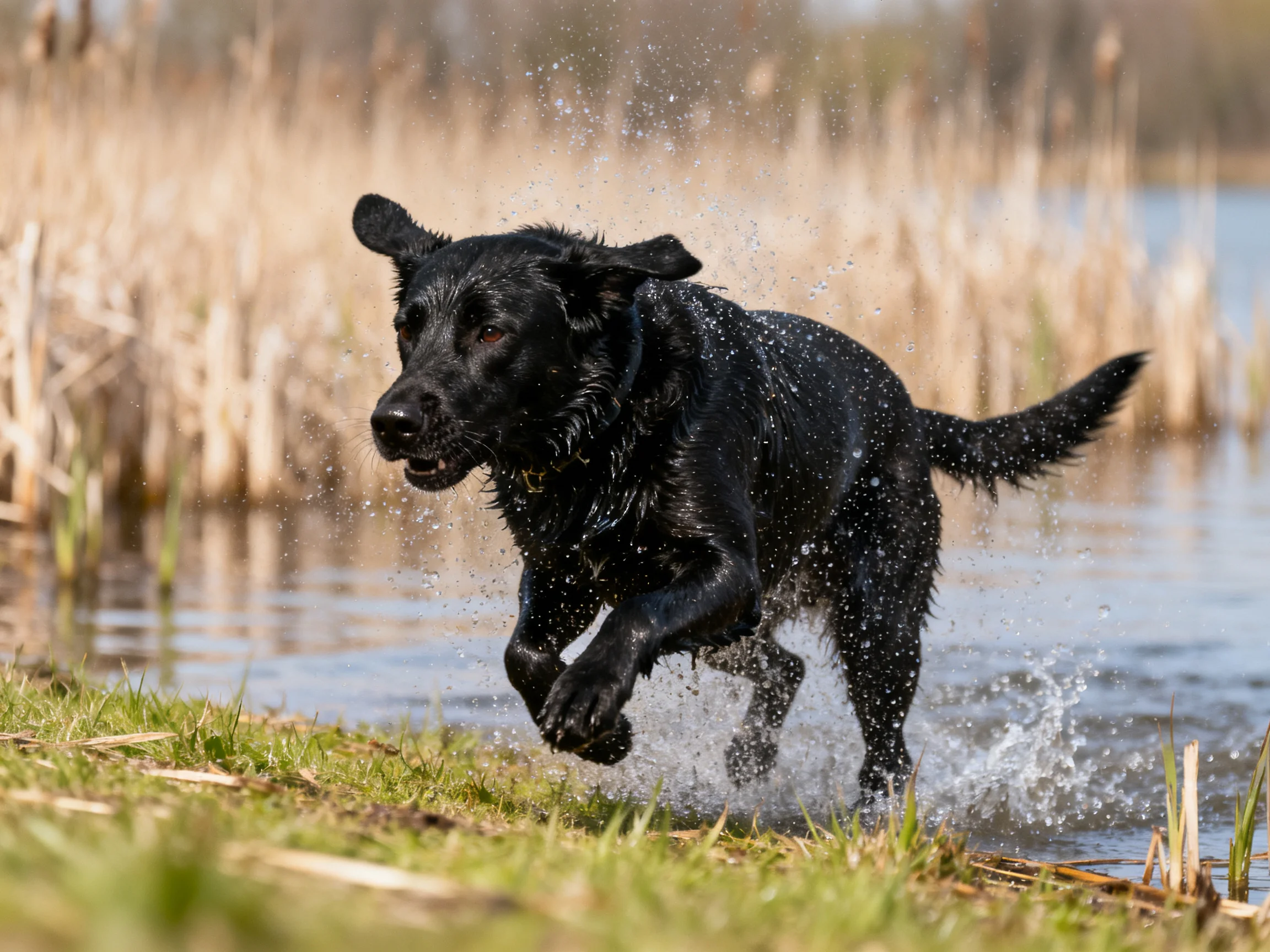 A black dog splashing through shallow water near tall reeds