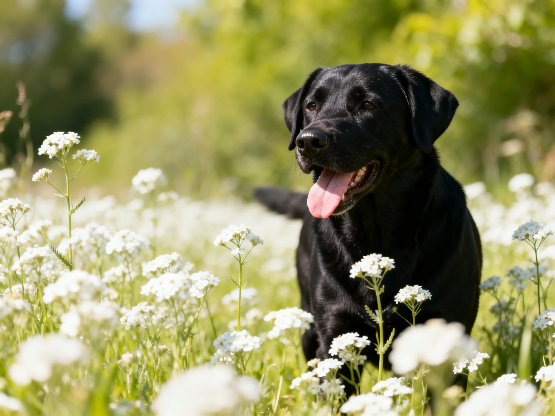 A black dog stands among white wildflowers in a sunlit meadow.
