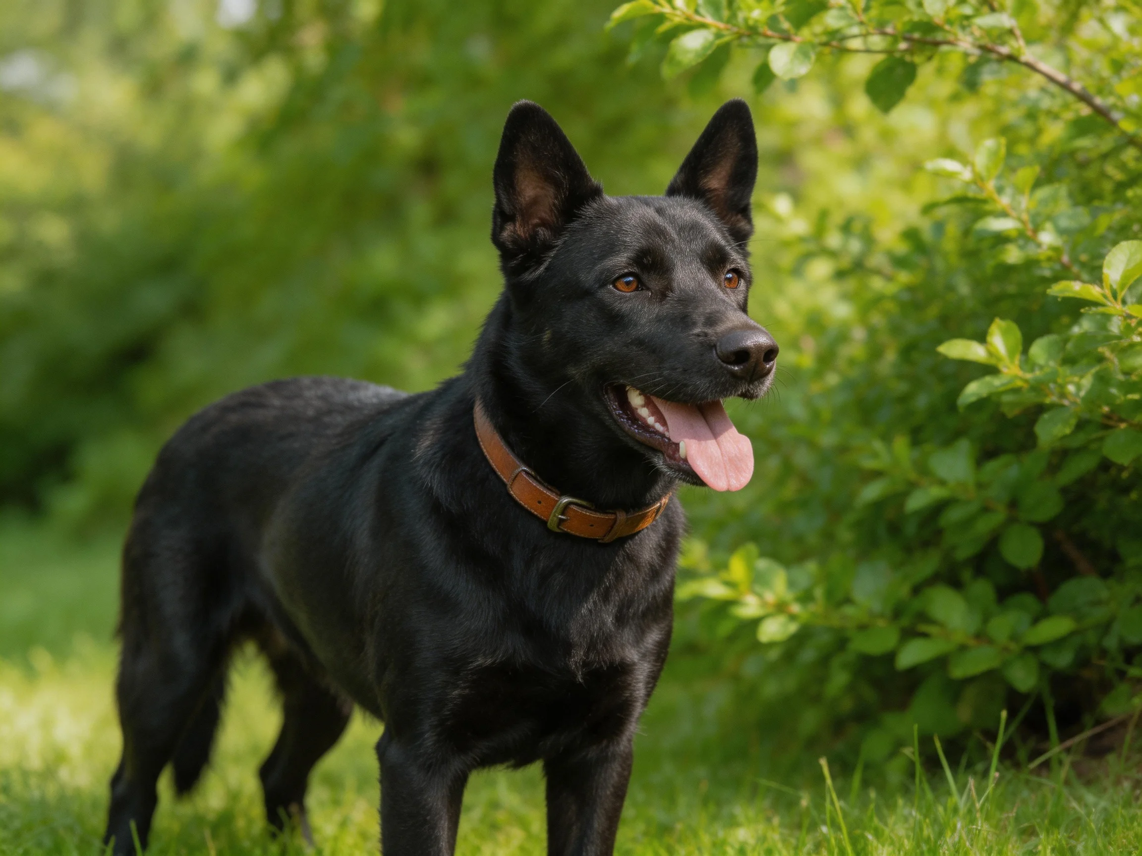 A black dog standing in lush green foliage with a brown collar