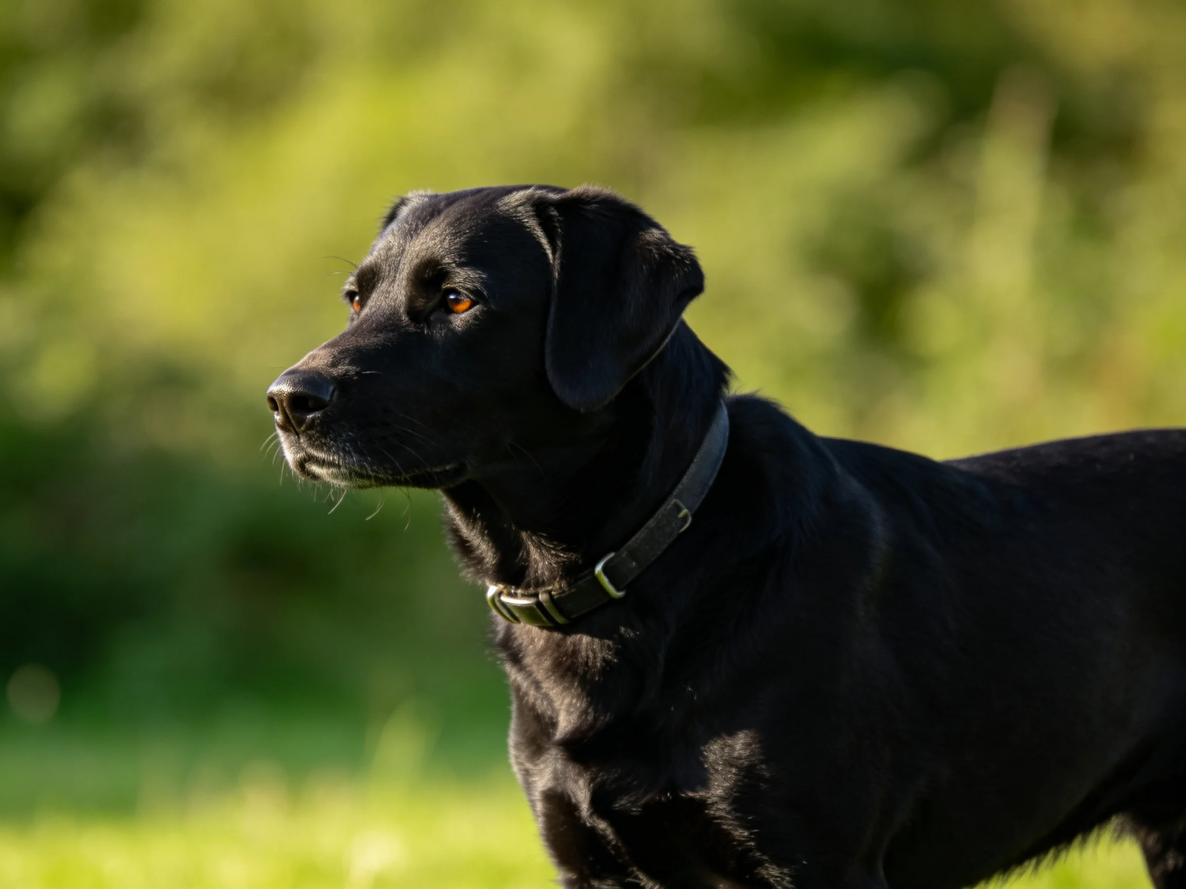 A black dog stands alert amid lush greenery