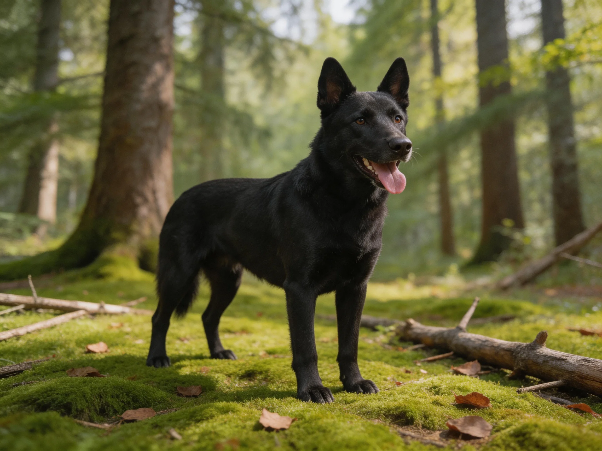 A black dog stands alert in a sunlit forest clearing.