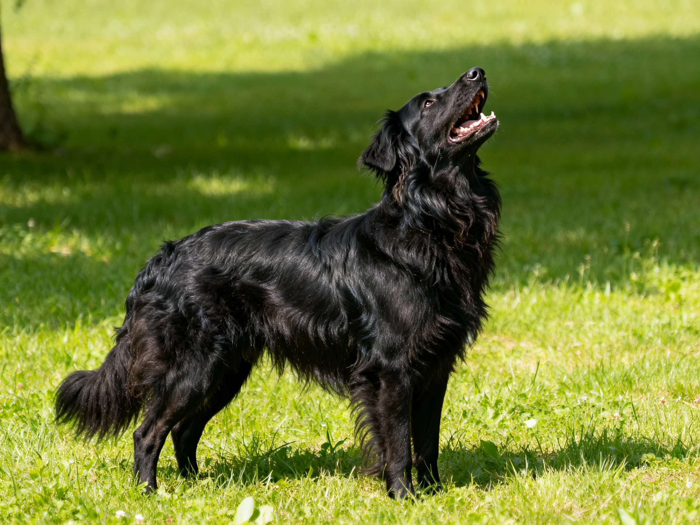 A black dog stands alert on sunlit green grass