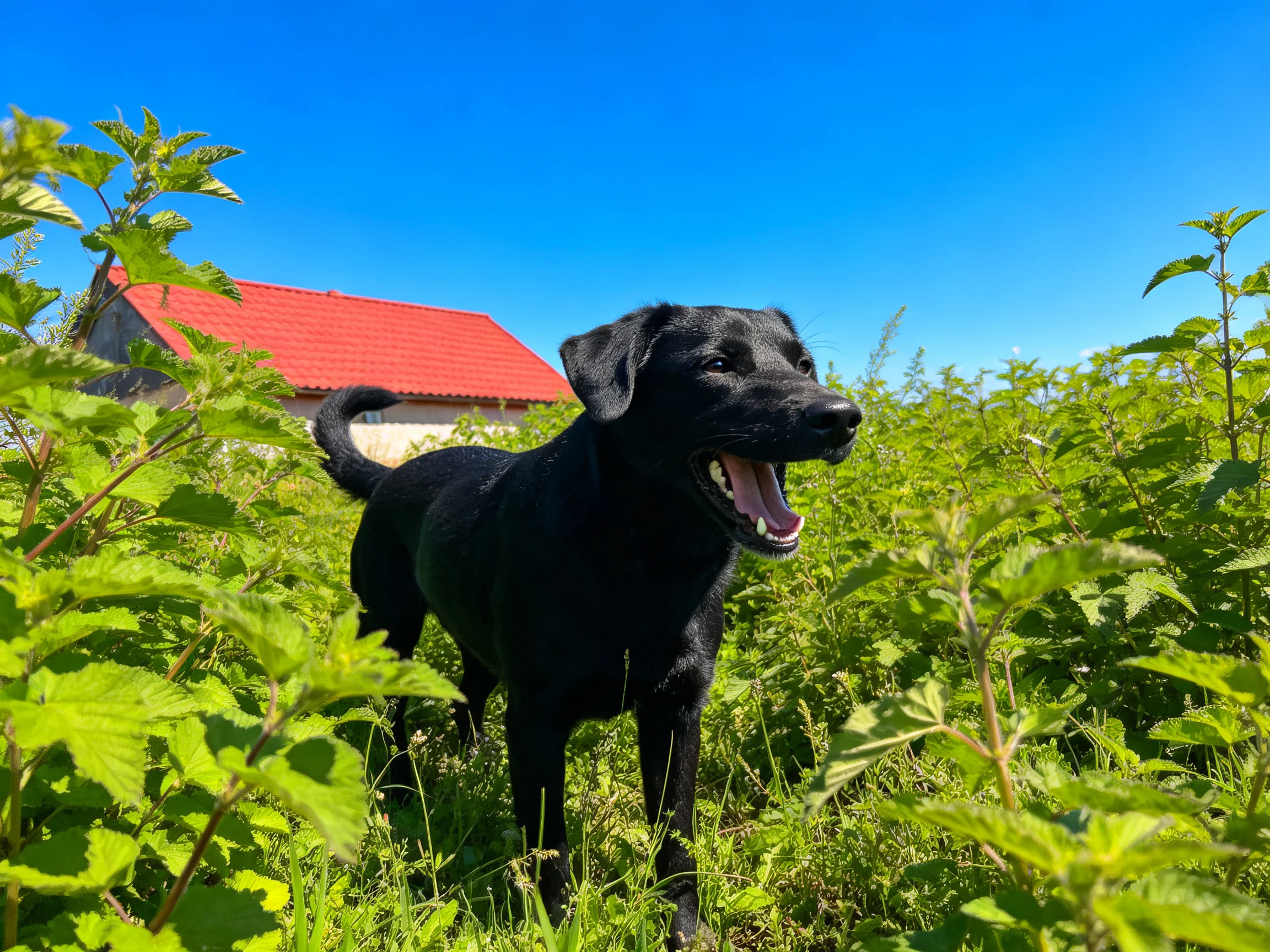 A black dog is surrounded by tall green plants next to a red-roofed house