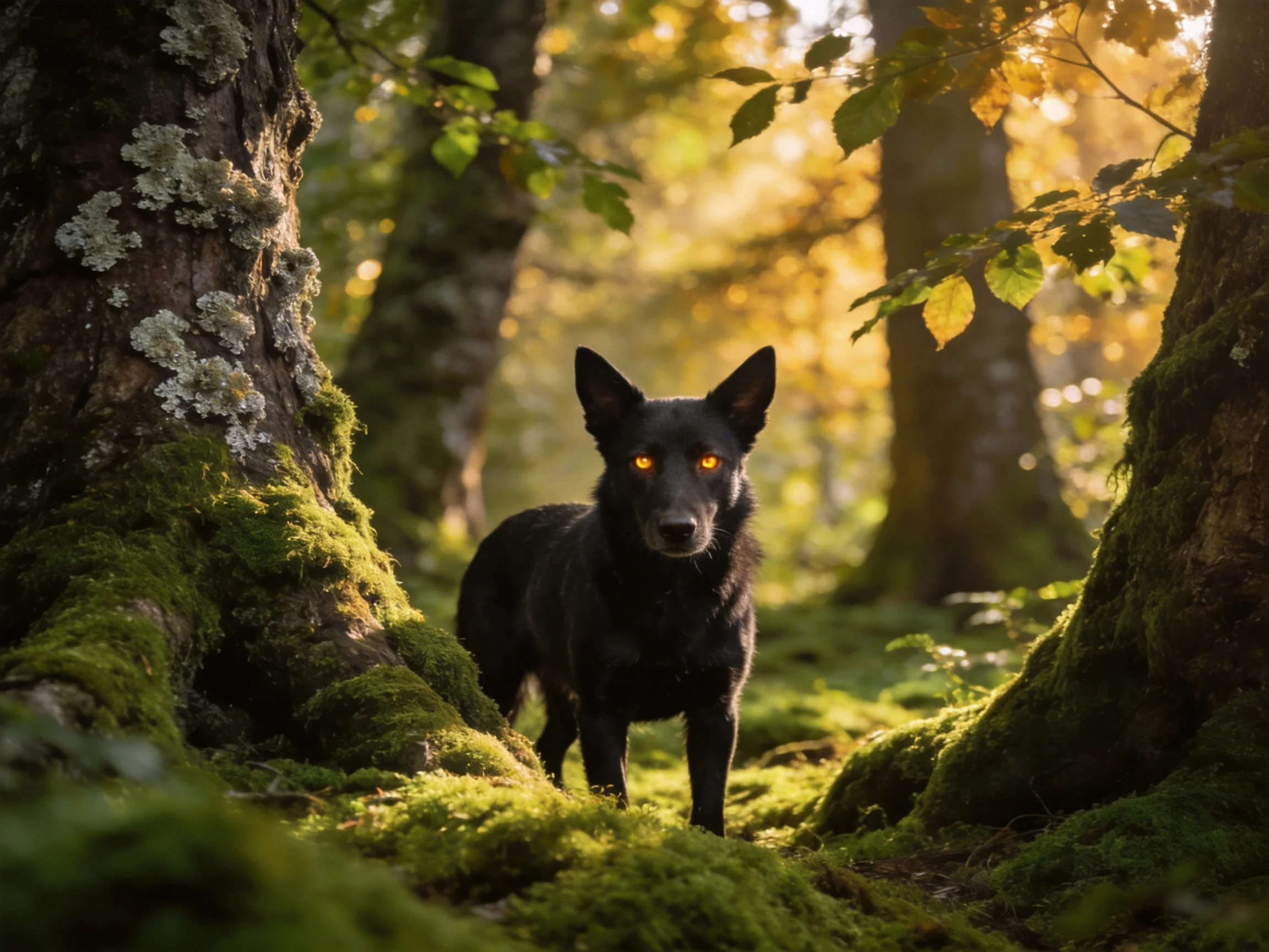 A black dog stands among mossy trees in a sunlit forest
