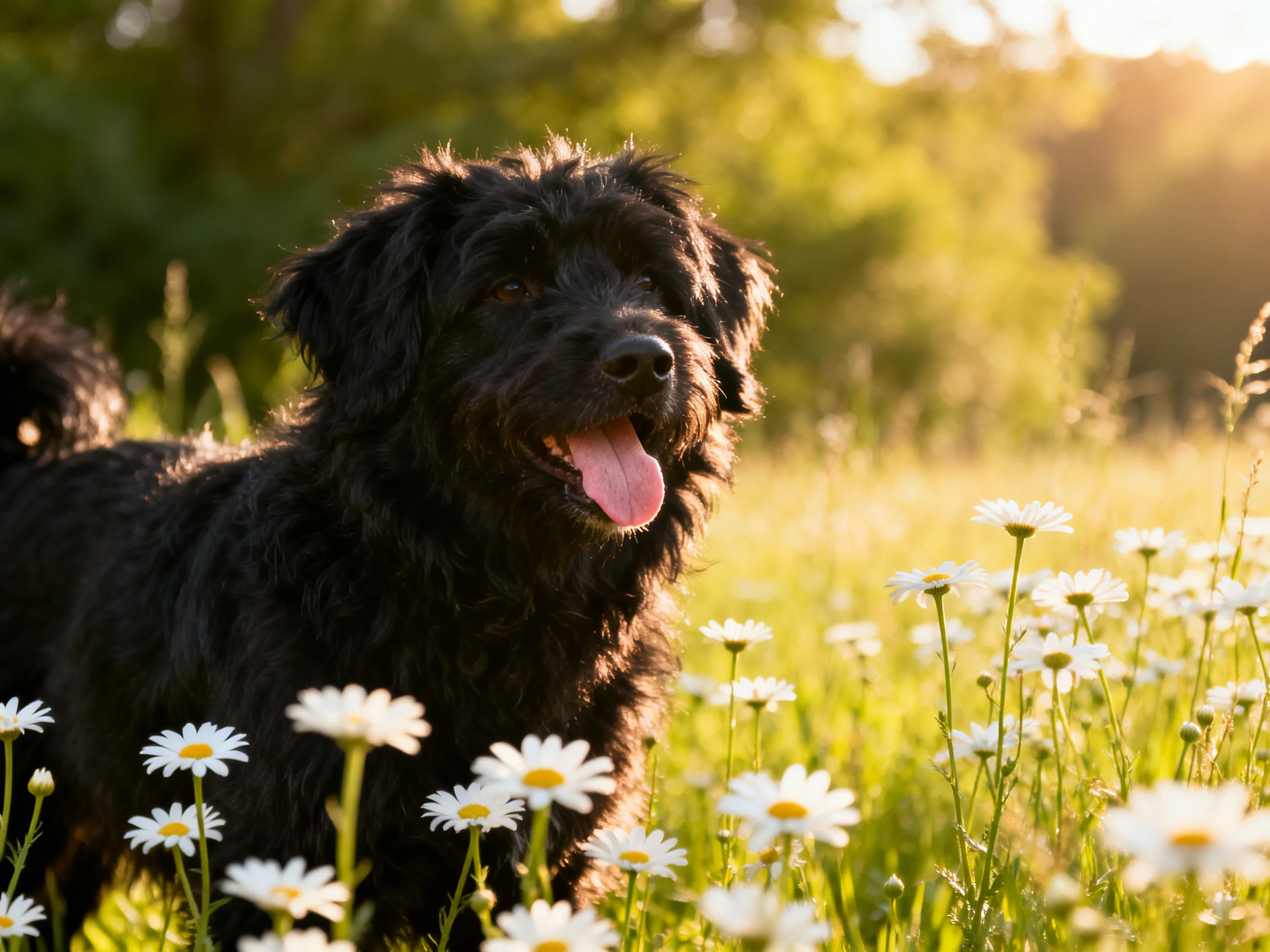 A black dog enjoys a sunlit meadow with daisies