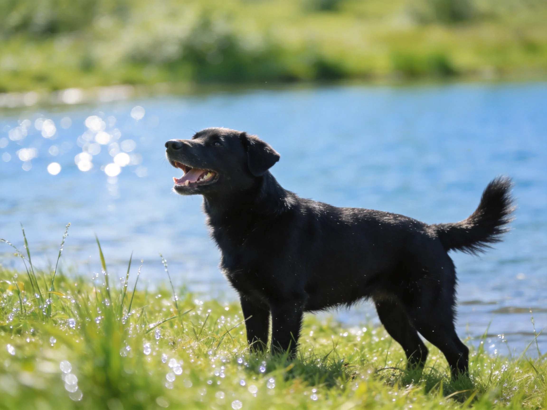 A black dog stands by a shimmering blue pond on dewy grass
