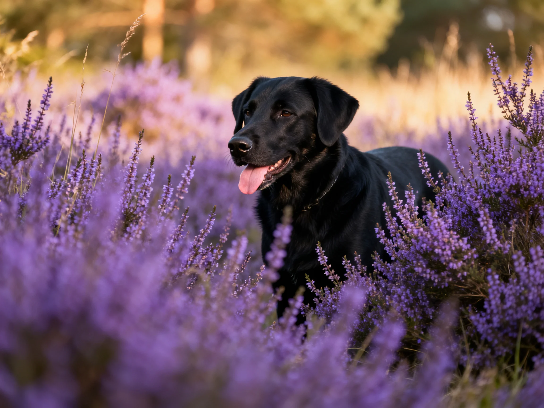 A black dog enjoys a sunny day among purple flowering plants.