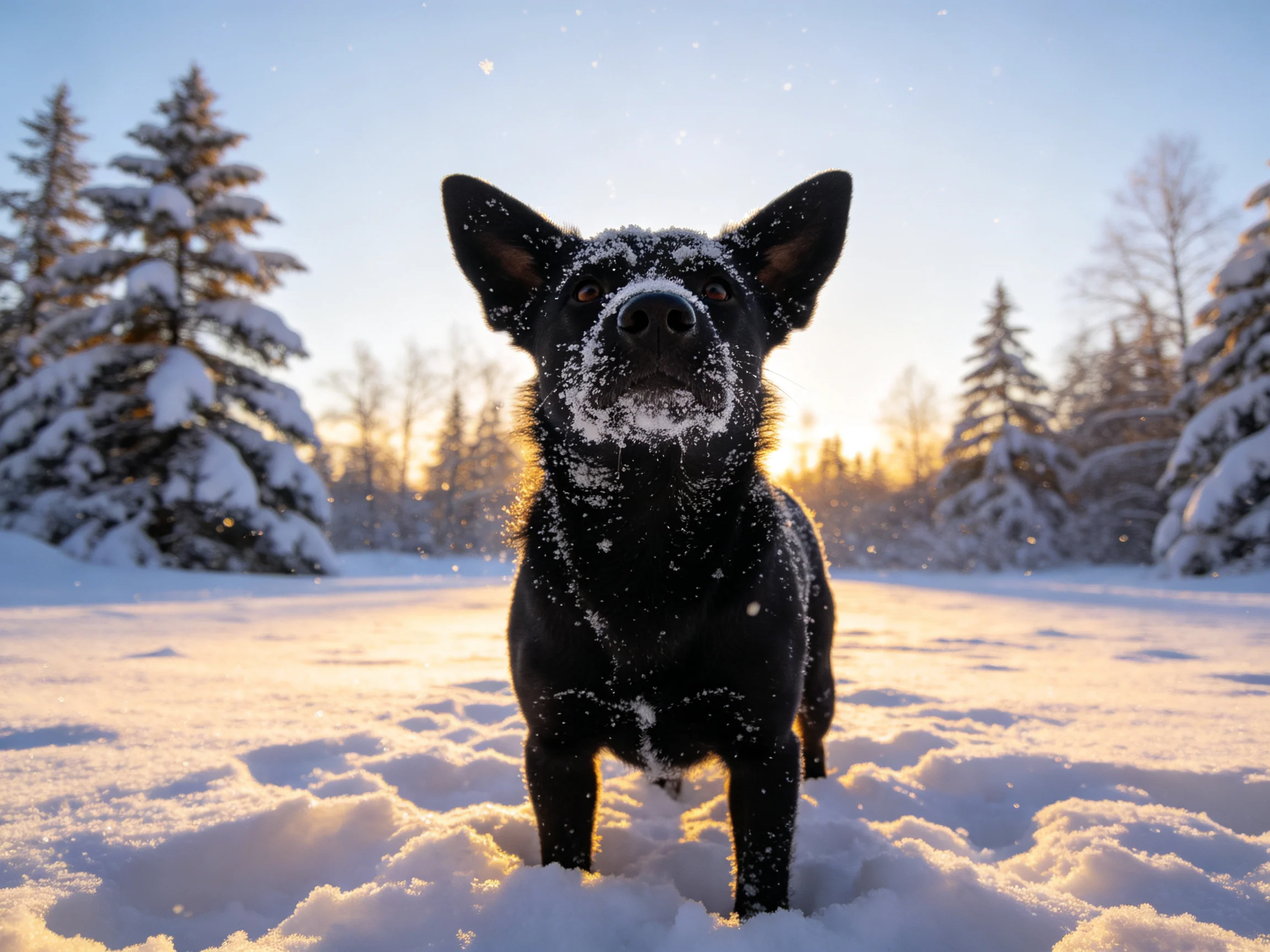 A black dog stands in a snowy field near snow - laden trees during sunset.