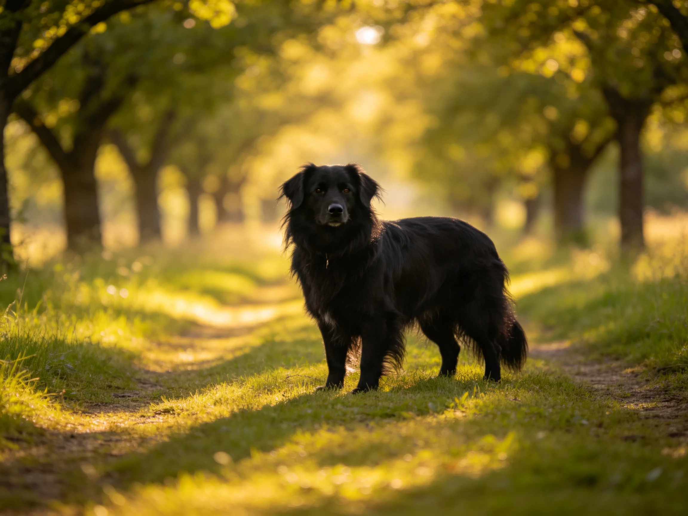 A black dog stands in a sunlit, tree-lined grassy area.