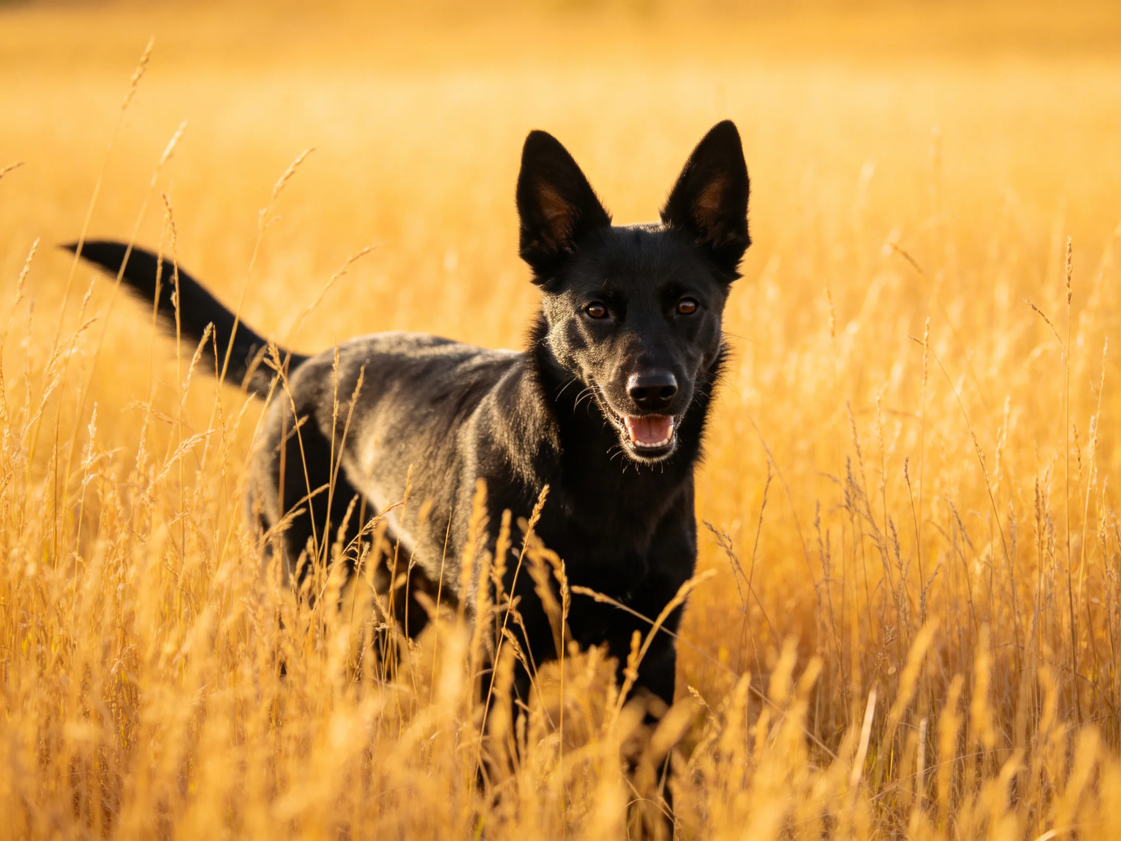 A black dog stands in a sunlit golden grassy field.