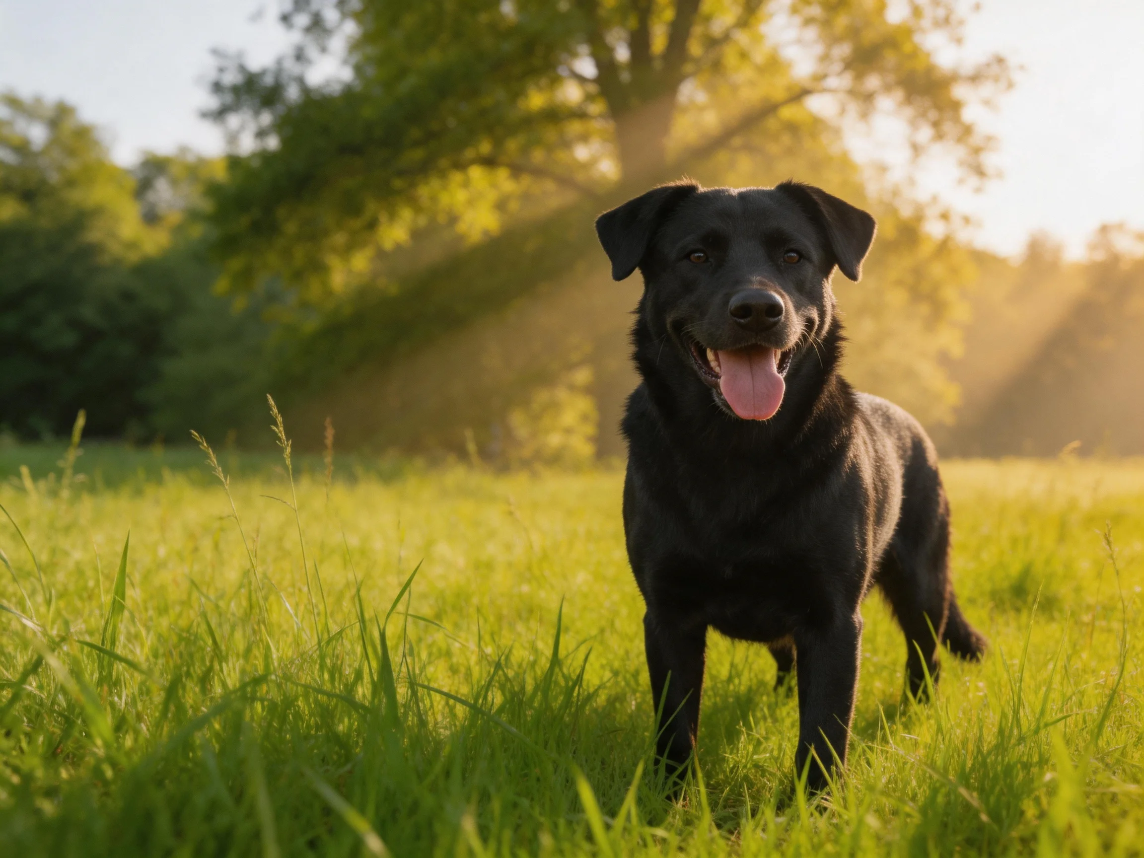 A black dog stands happily in a sunlit green meadow near tall trees.
