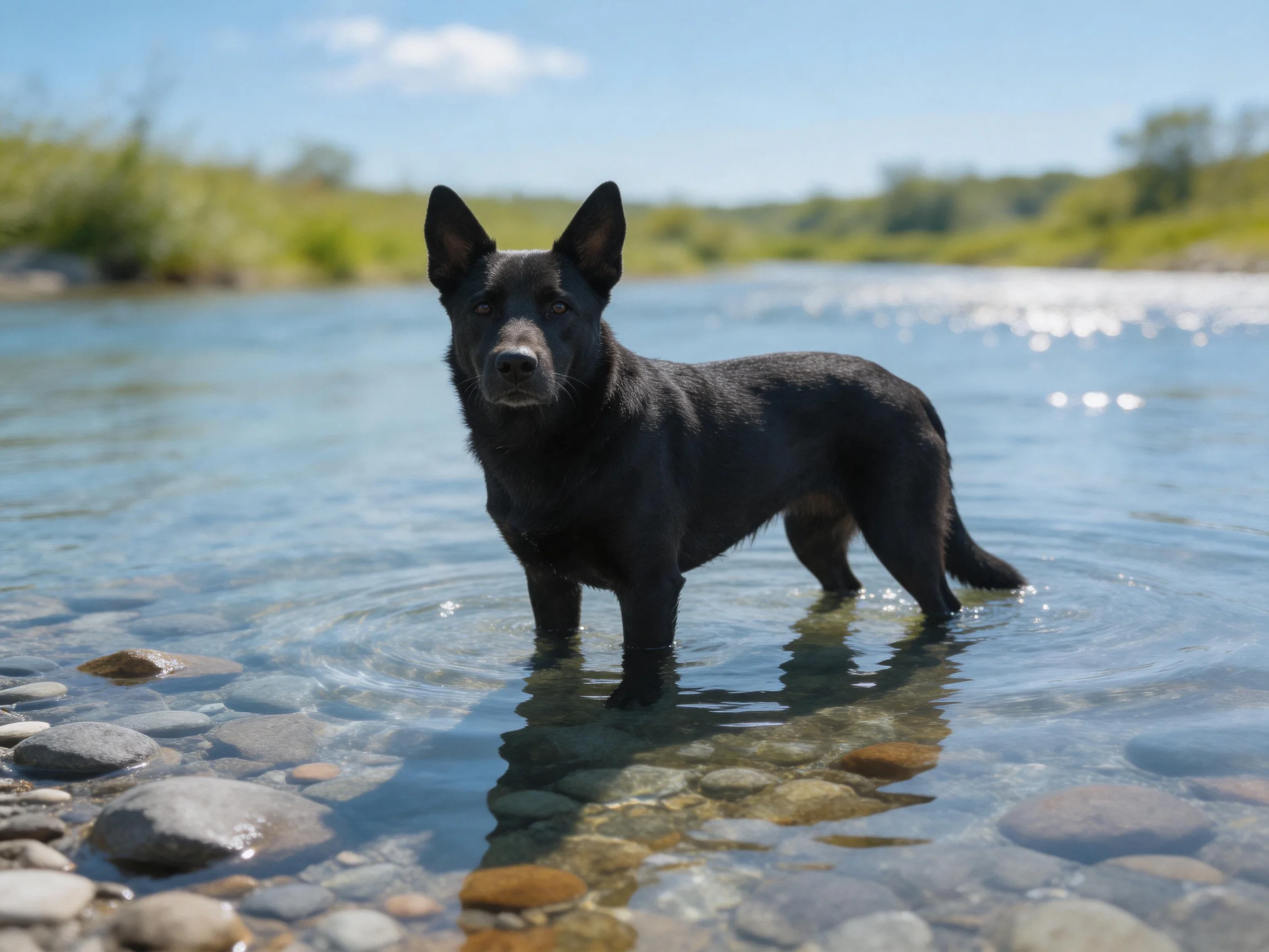 A black dog stands in shallow, clear river water near smooth stones