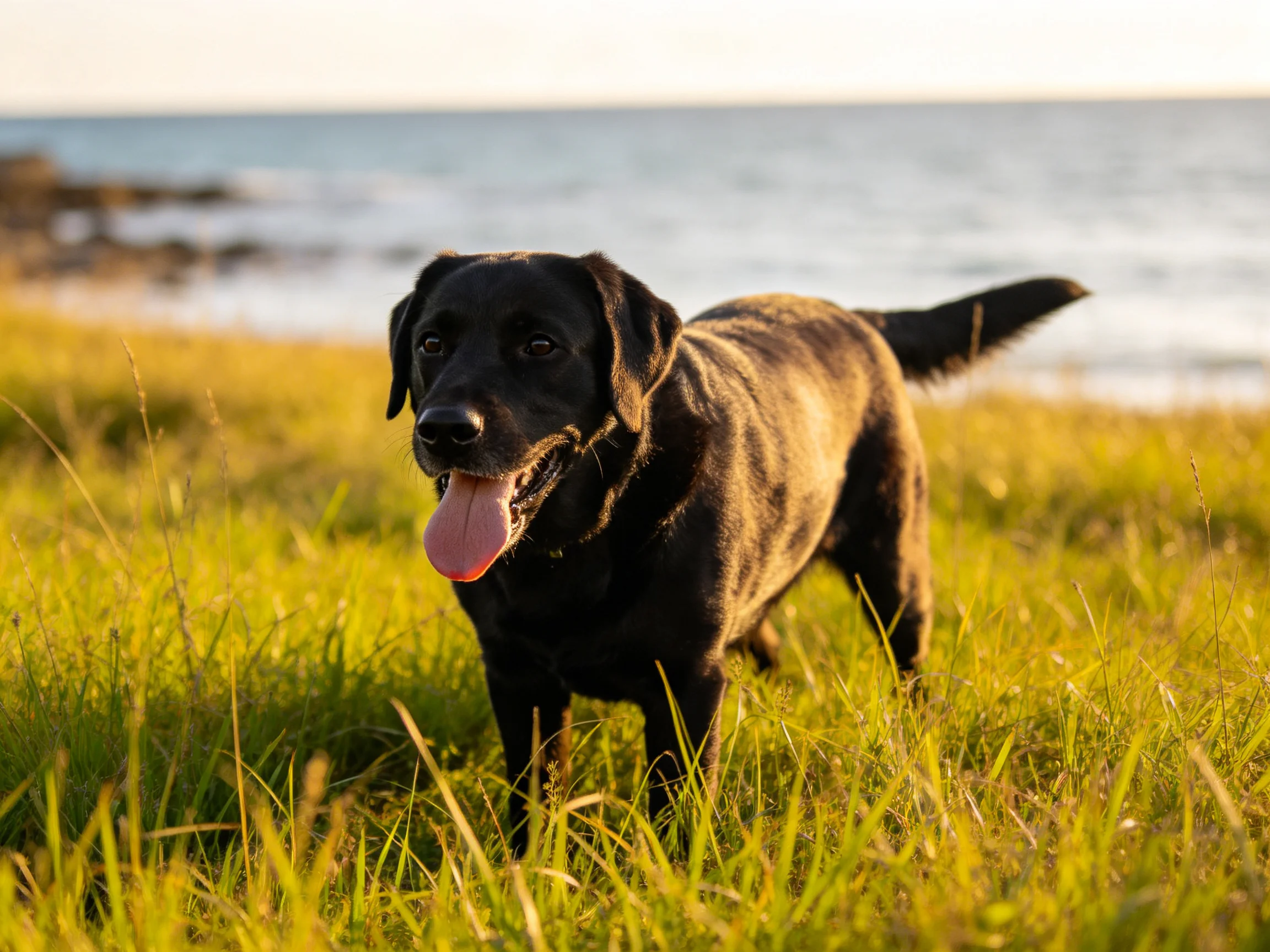 A black dog stands in tall grass near the shoreline.