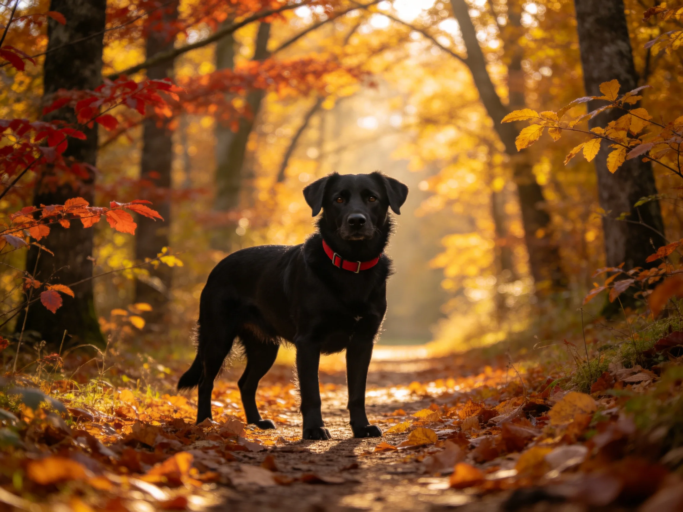 A black dog stands on a sunlit autumn forest path.