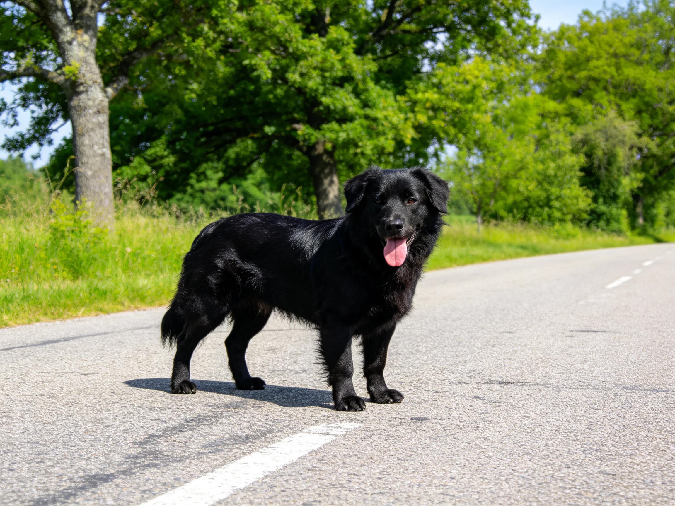 A black dog stands on a paved road near green trees