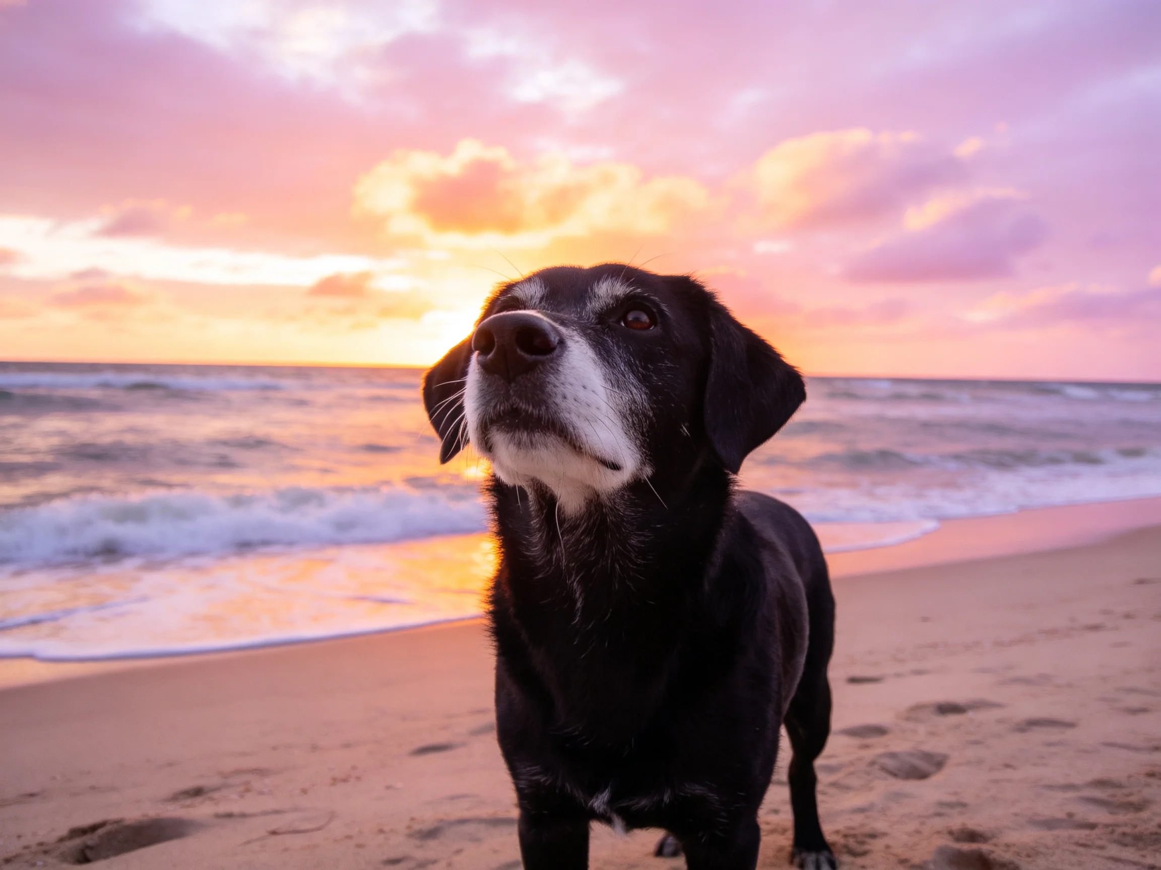 A black dog stands on a sandy beach during vibrant sunset