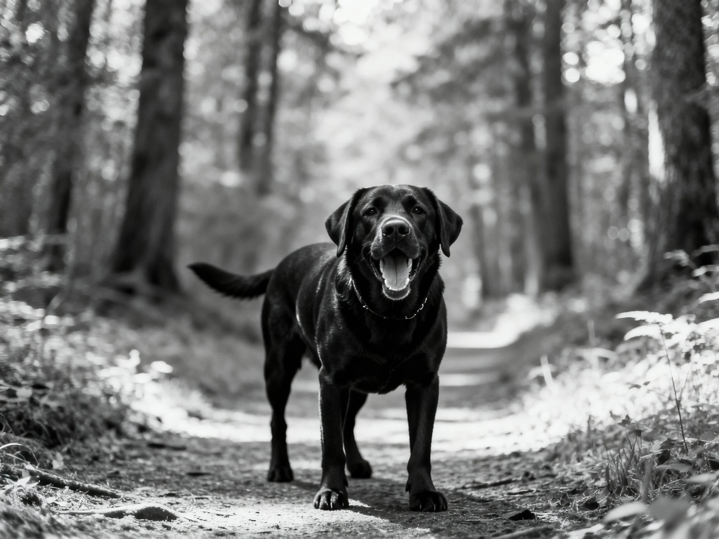 A black dog is featured on a sunlit forest trail