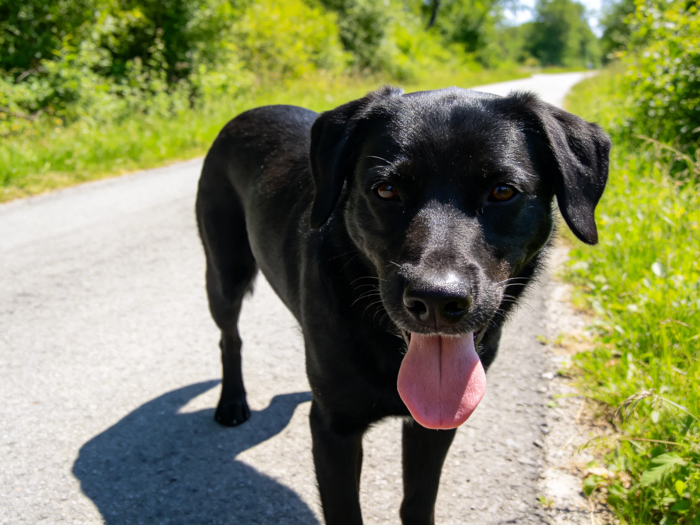A black dog stands on a sunlit rural road with green vegetation