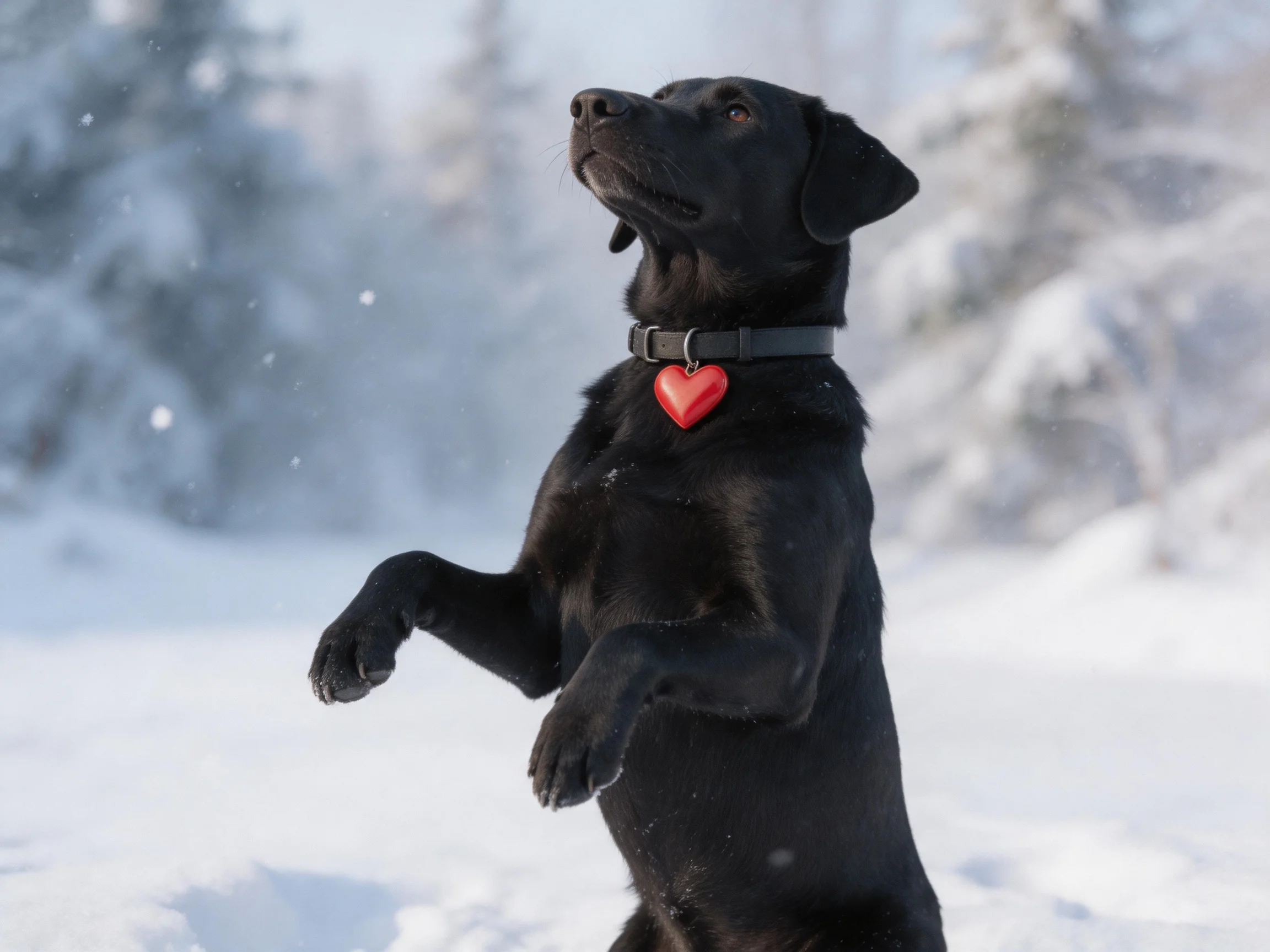 A black dog stands on hind legs in a snowy outdoor setting.