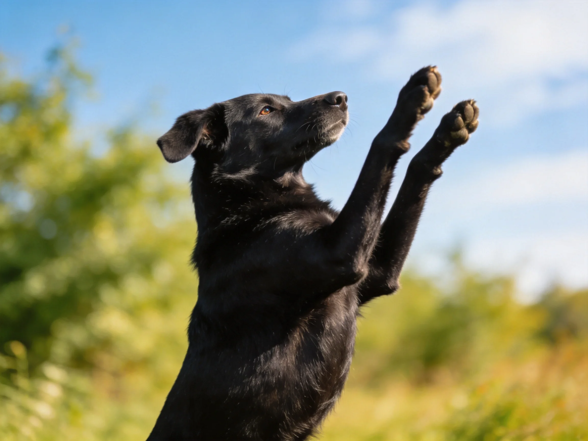 A black dog stands on hind legs reaching upward in a sunny outdoor landscape