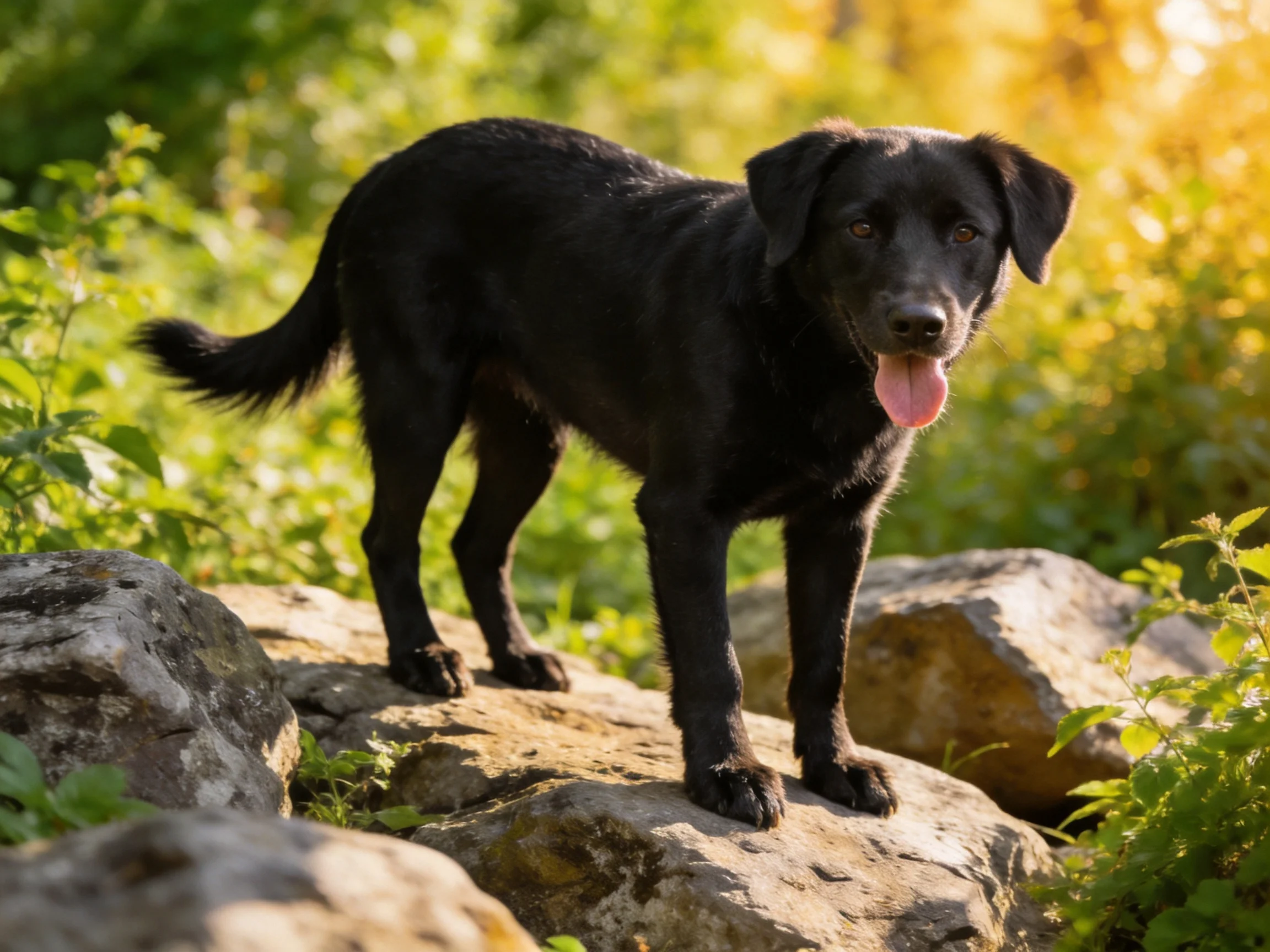 A black dog stands on rocks surrounded by greenery in