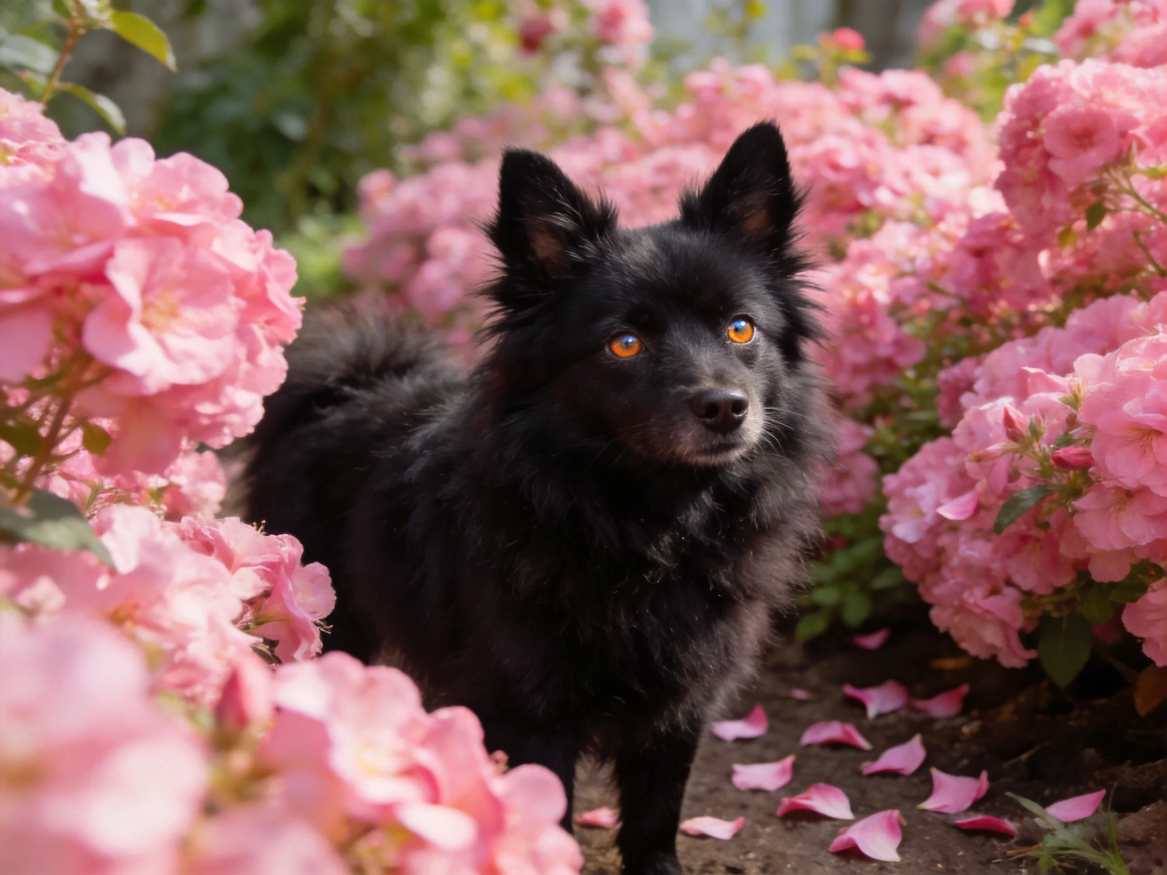 A black dog surrounded by lush pink rose bushes