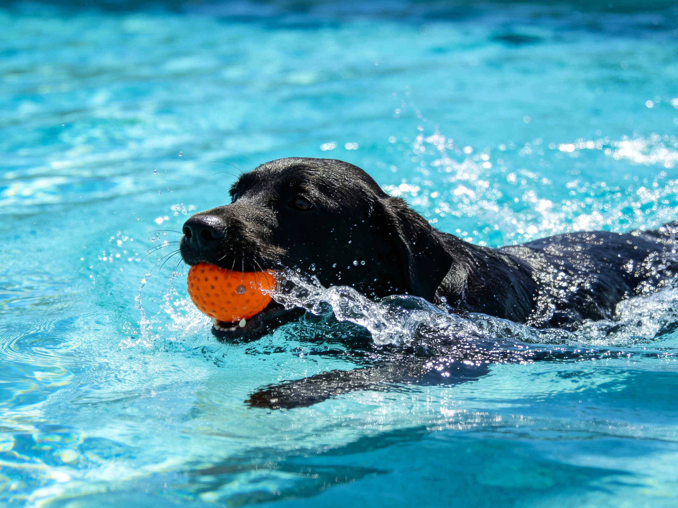 A black dog swims in a pool carrying an orange ball