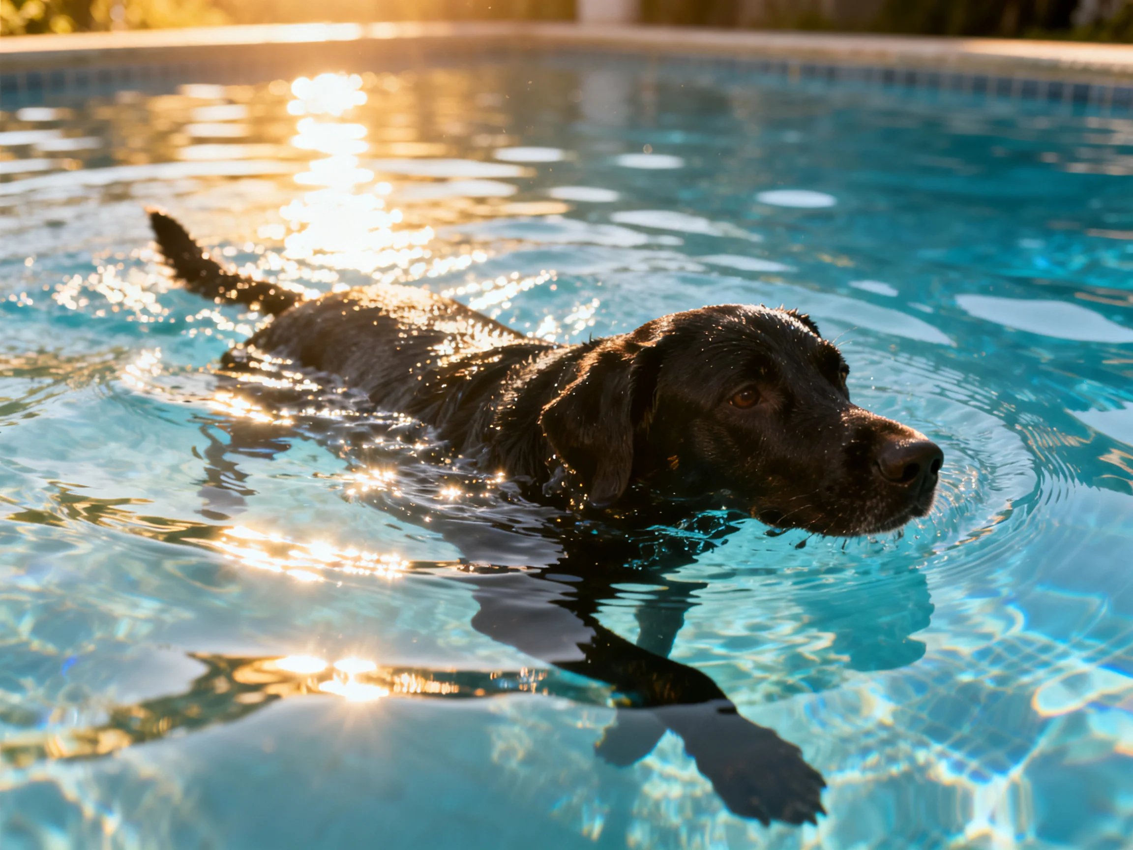 A black dog swims in a shimmering blue pool under golden sunlight