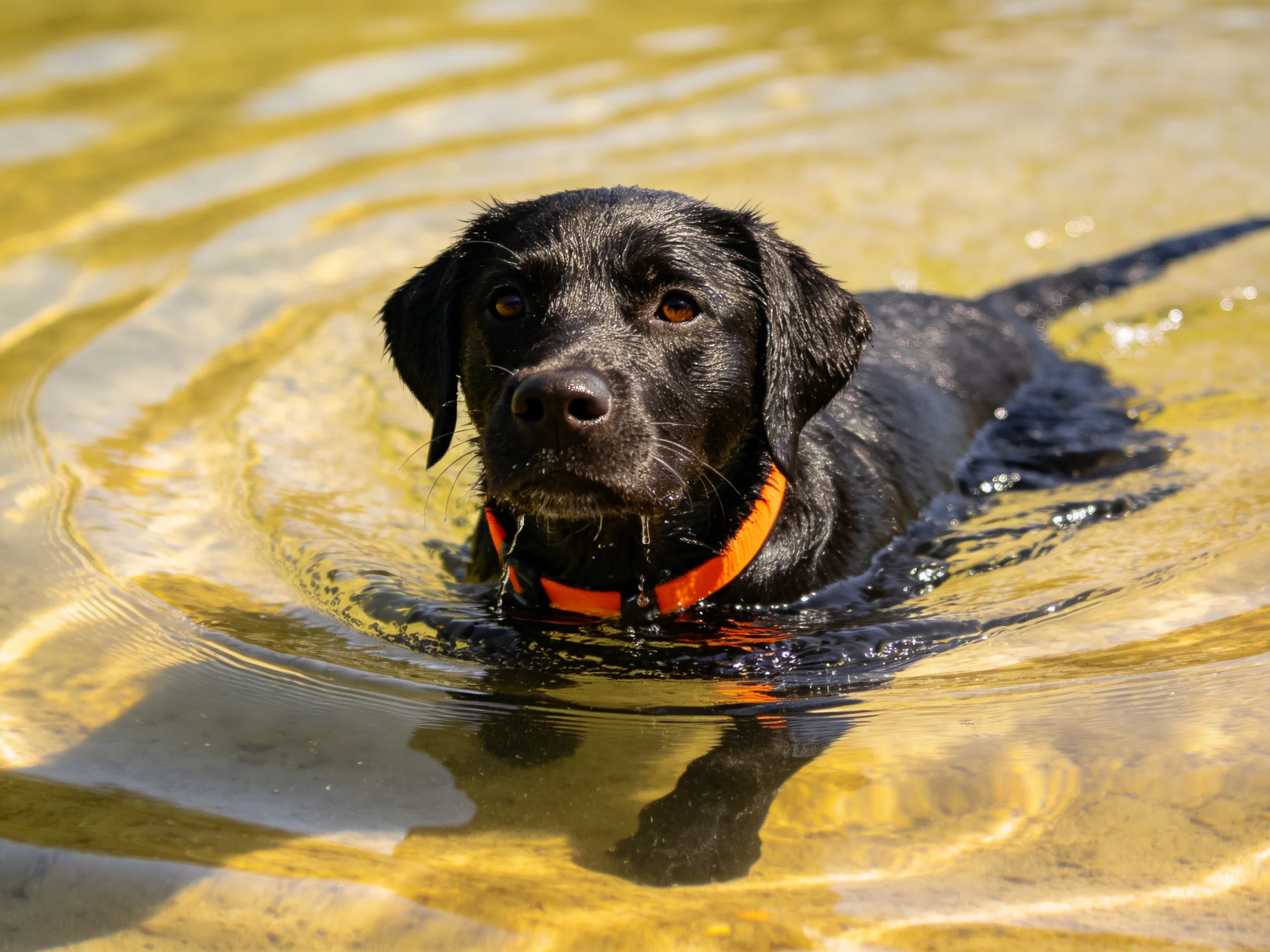 A black dog swims in shallow, golden-hued water.
