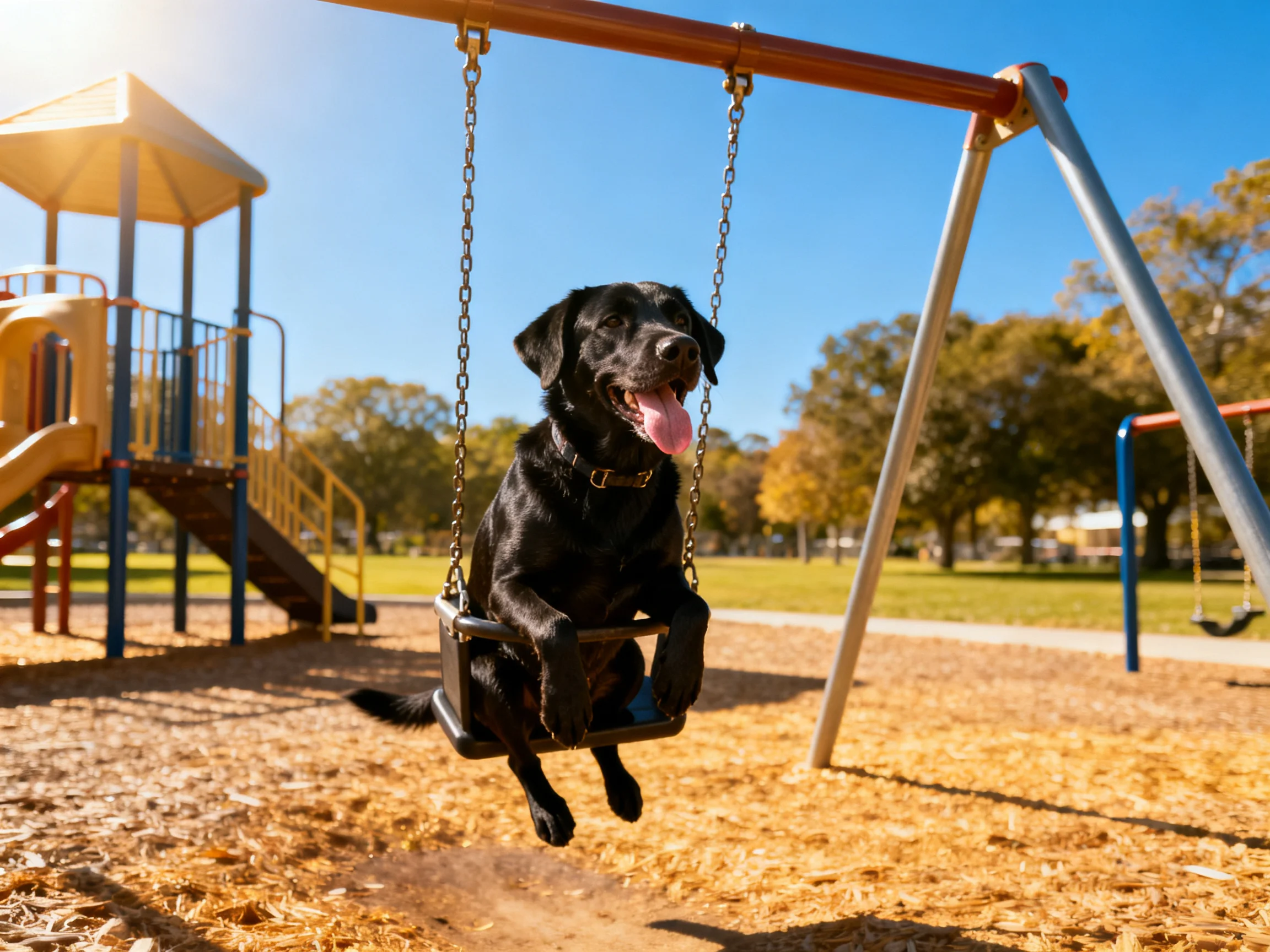 A black dog swings joyfully on a sunny park playground