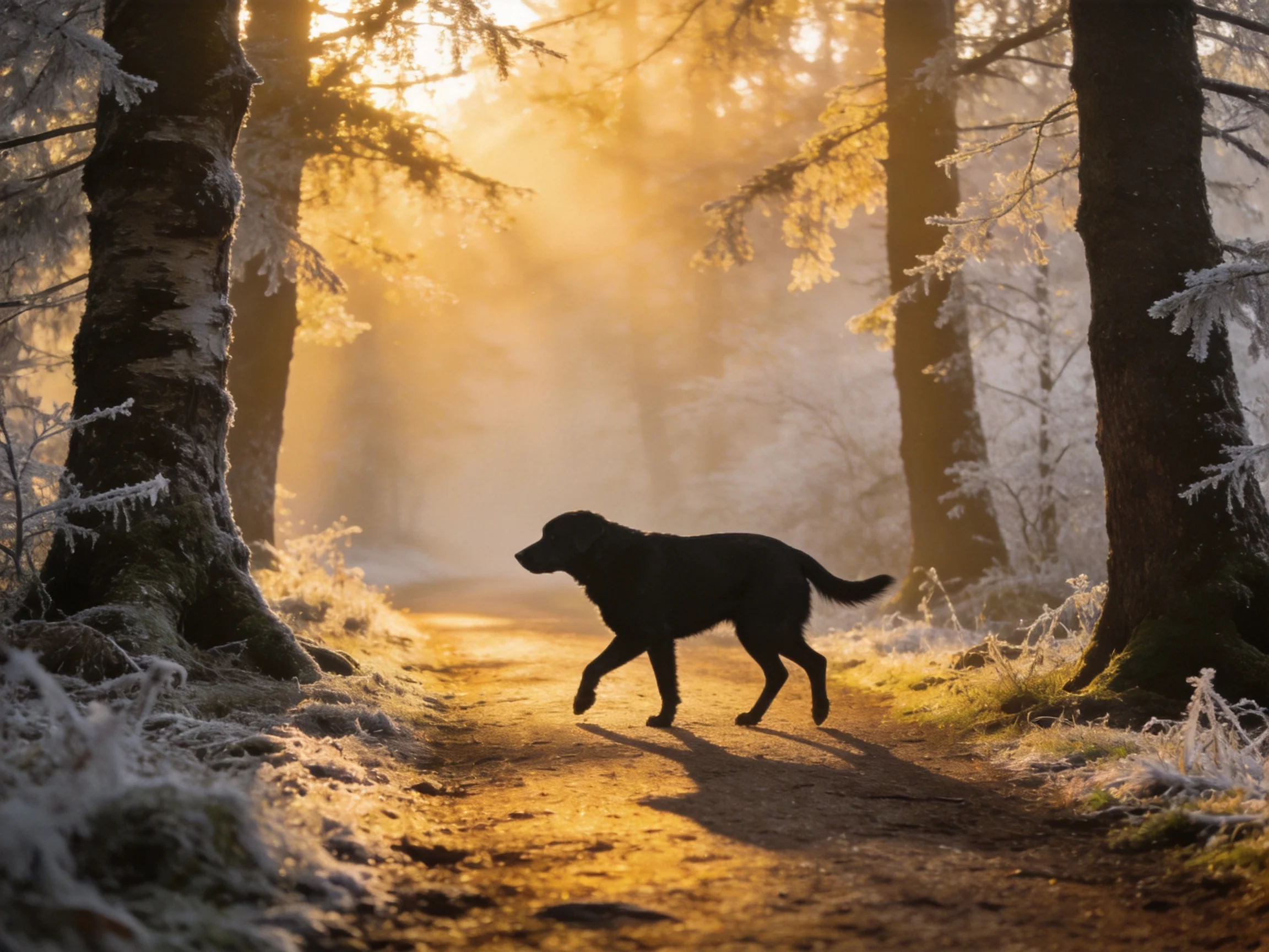A black dog walking through a frosty, sunlit forest path