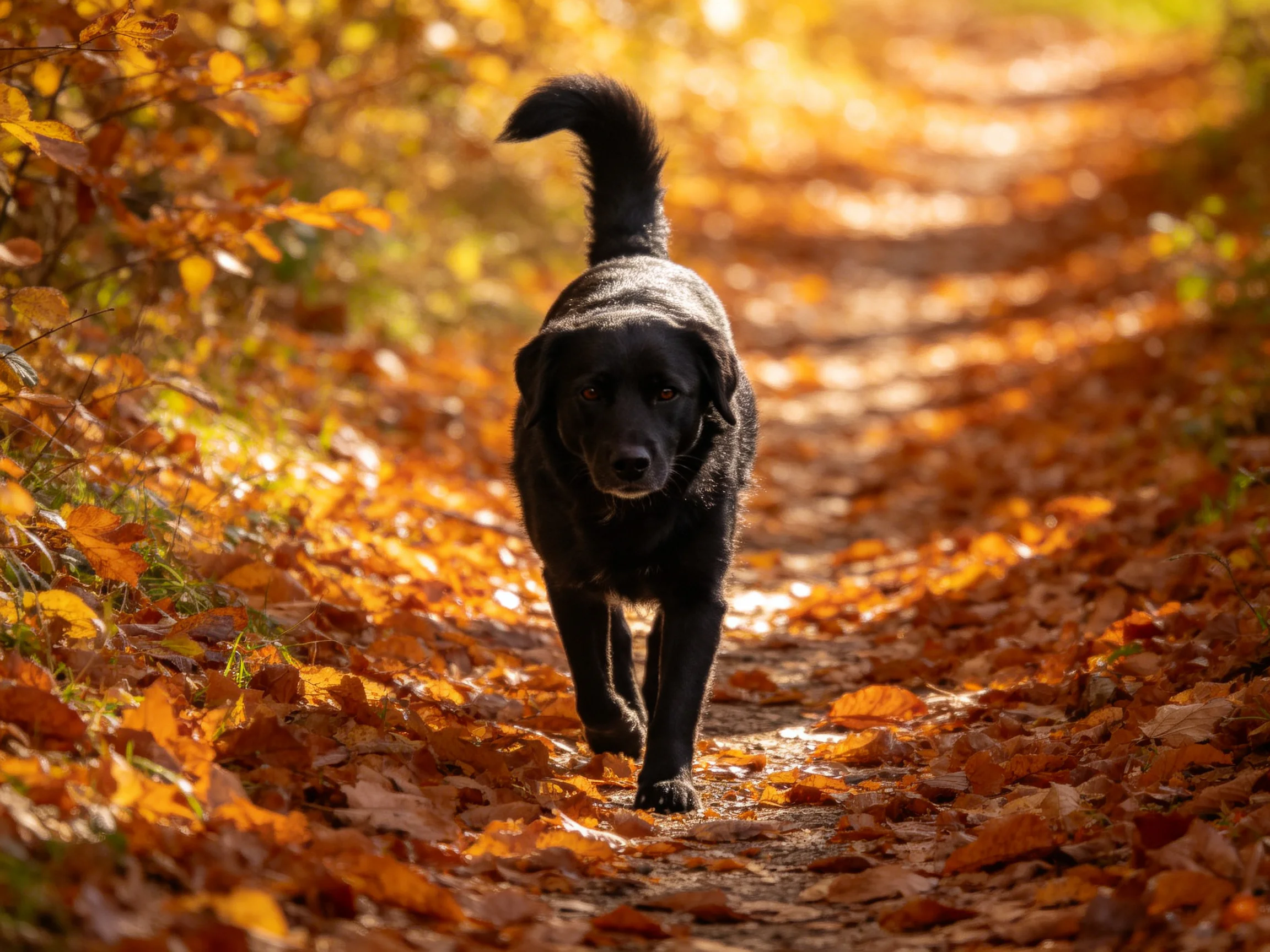 A black dog walks on a leaf-covered autumn forest path