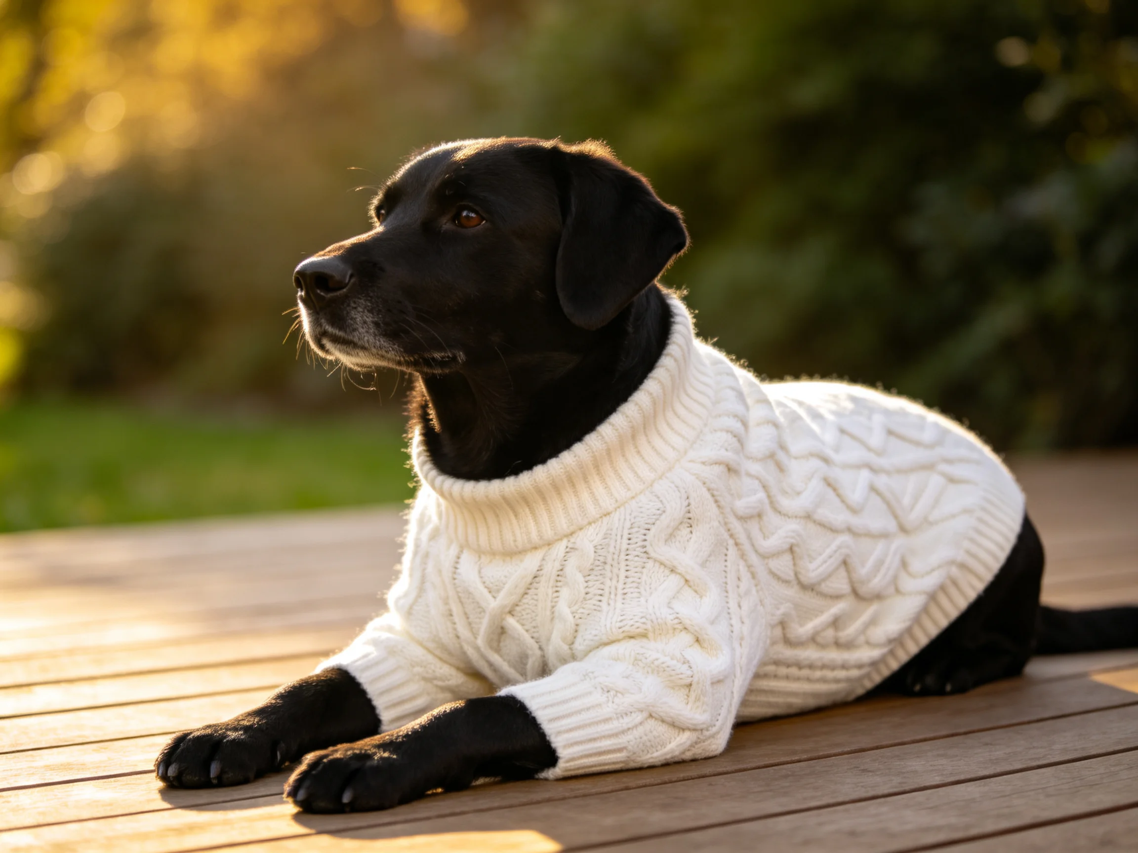 A black dog wearing a cream cable - knit sweater on a wooden deck