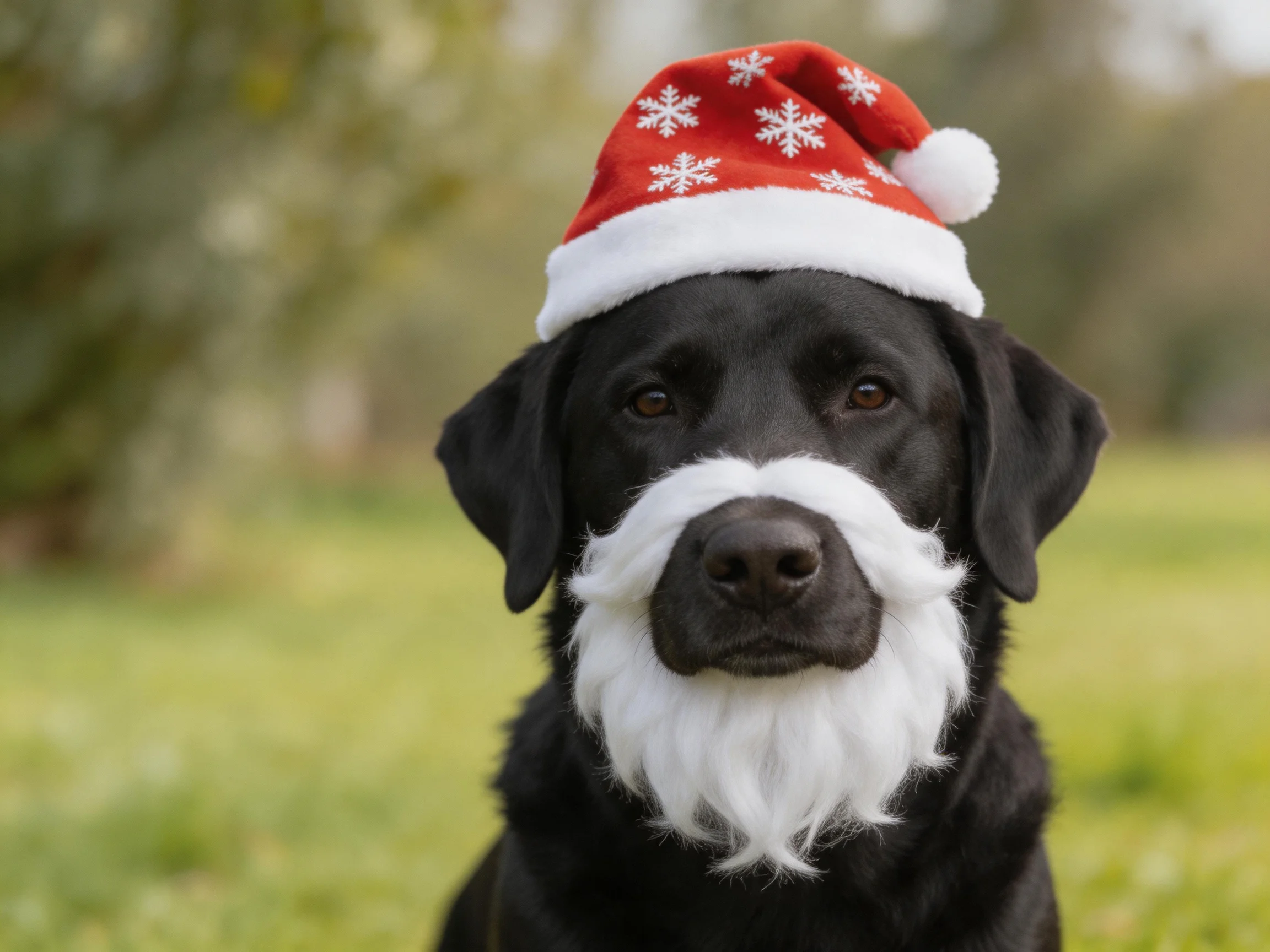 A black dog dressed as Santa is outdoors.