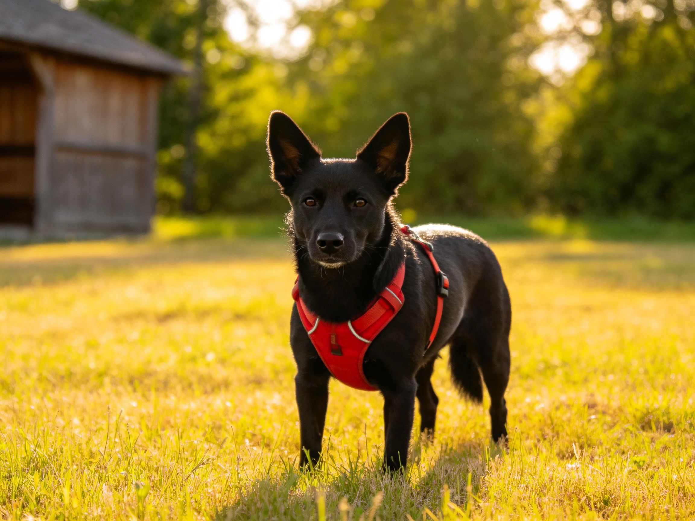A black dog wearing a red harness stands in a sunlit grassy field near an old wooden shed