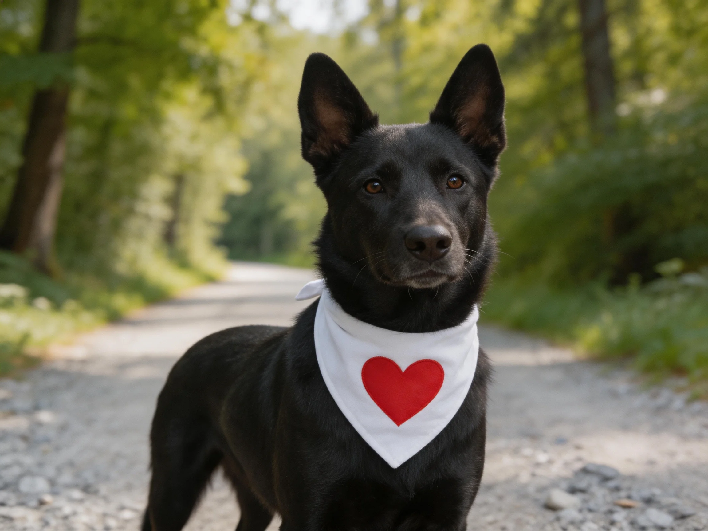 A black dog wearing a white bandana with a red heart stands on agravel path