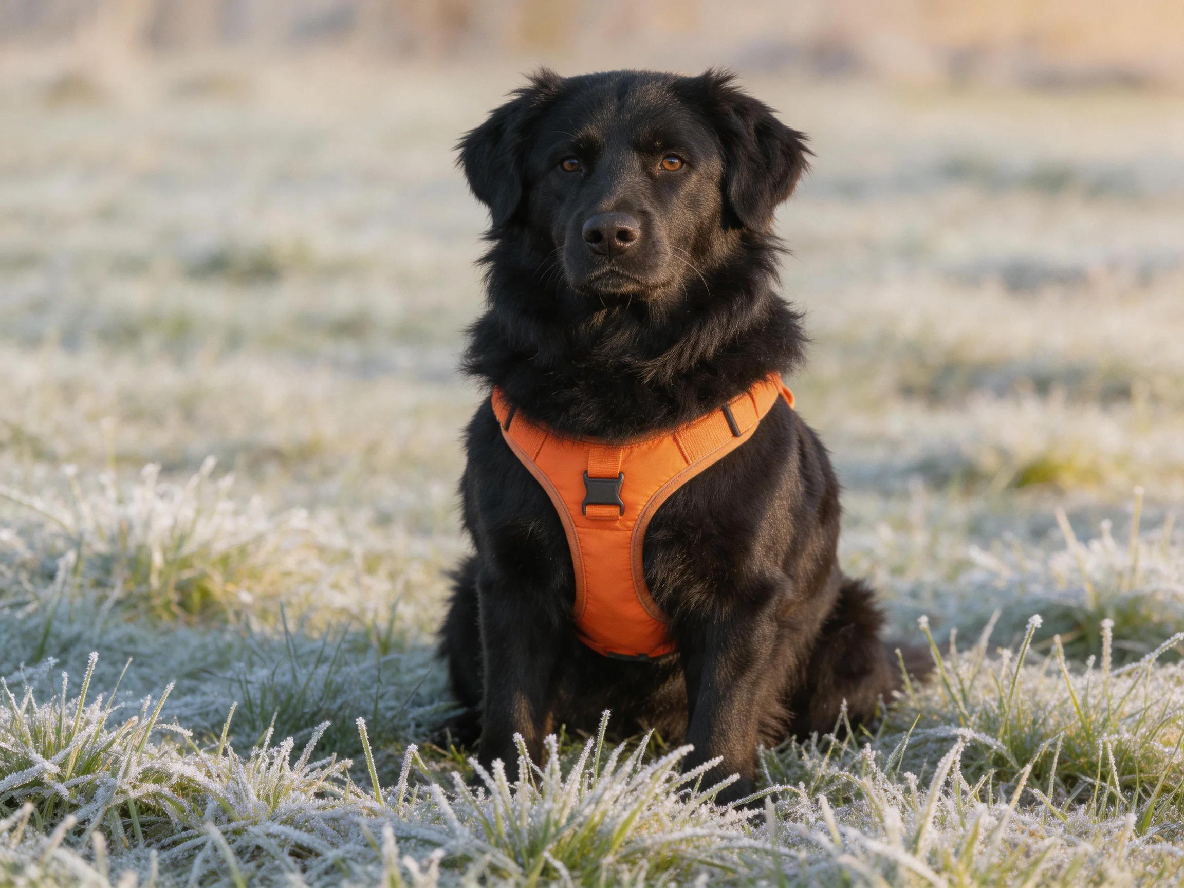A black dog wearing an orange harness sits in a frosty field