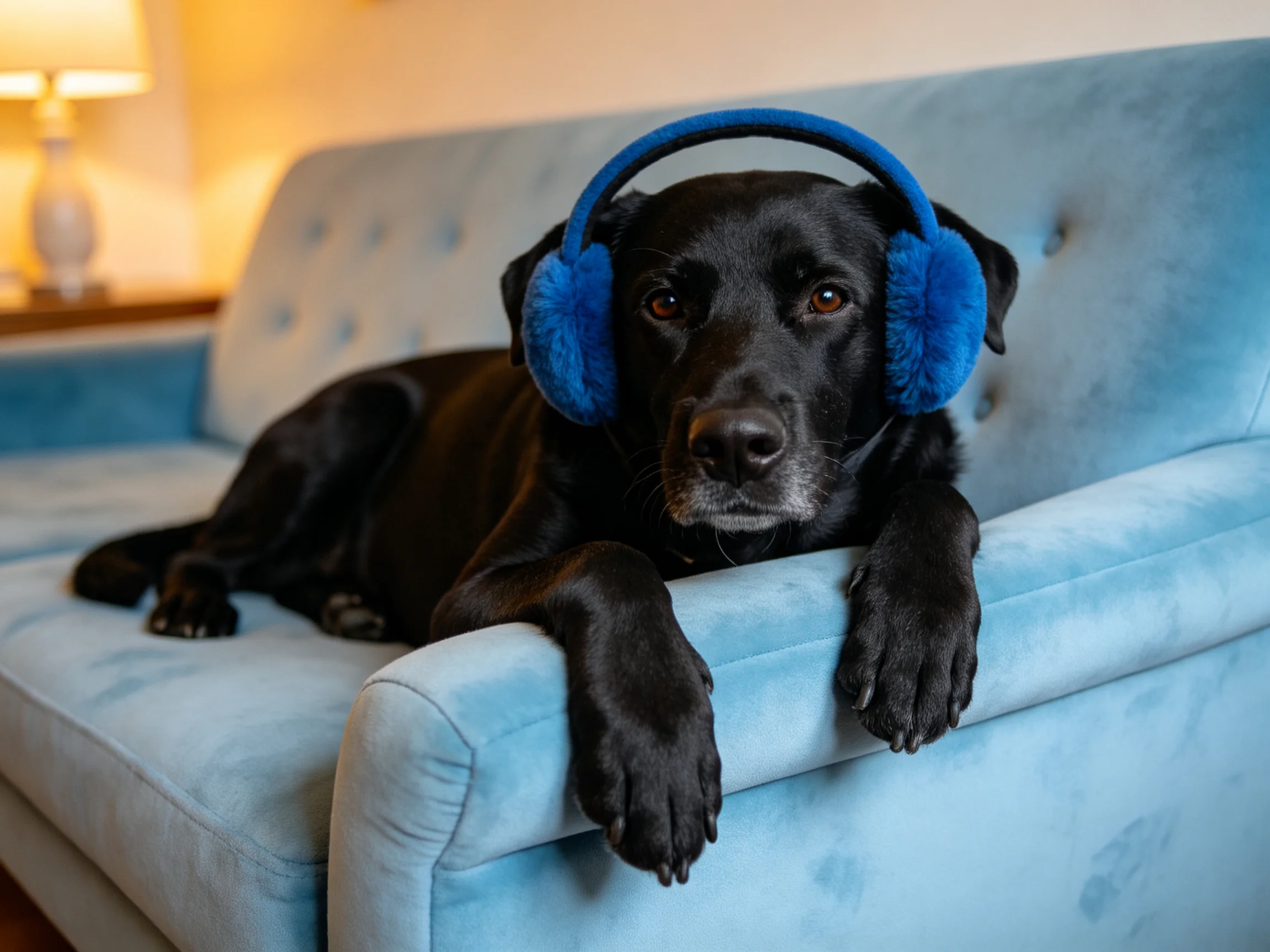 A black dog with blue earmuffs lounges on a light blue sofa.