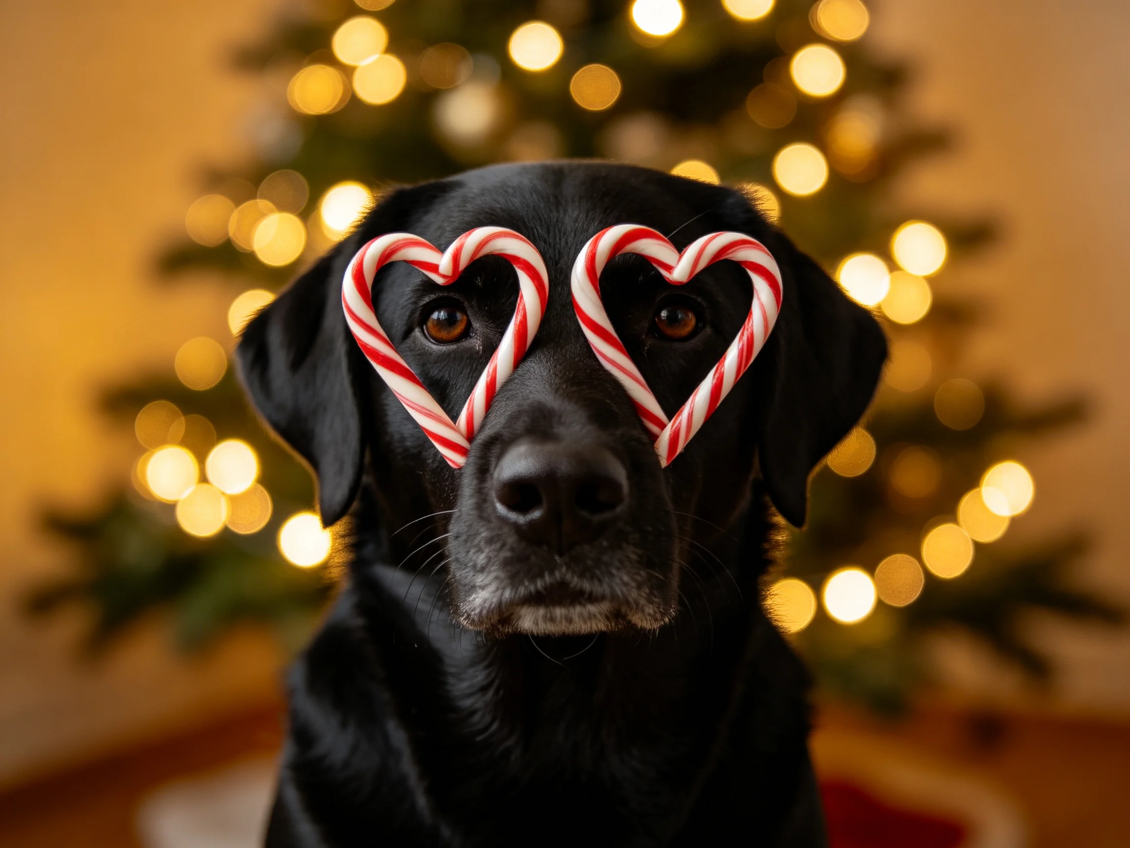 A black dog wearing heart - shaped candy canes near a lit Christmas tree