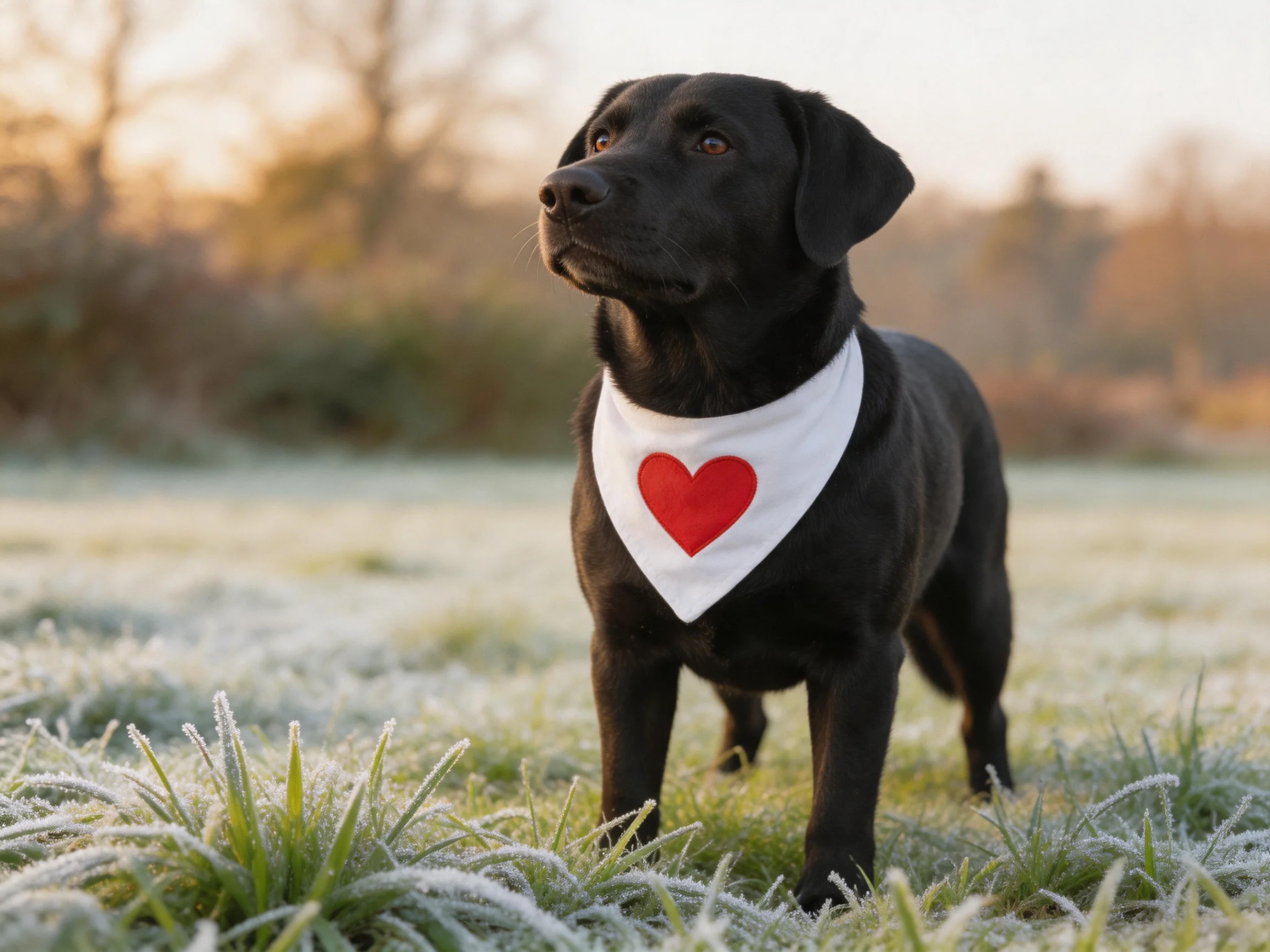 A black dog wears a white bandana with a red heart on frosty grass