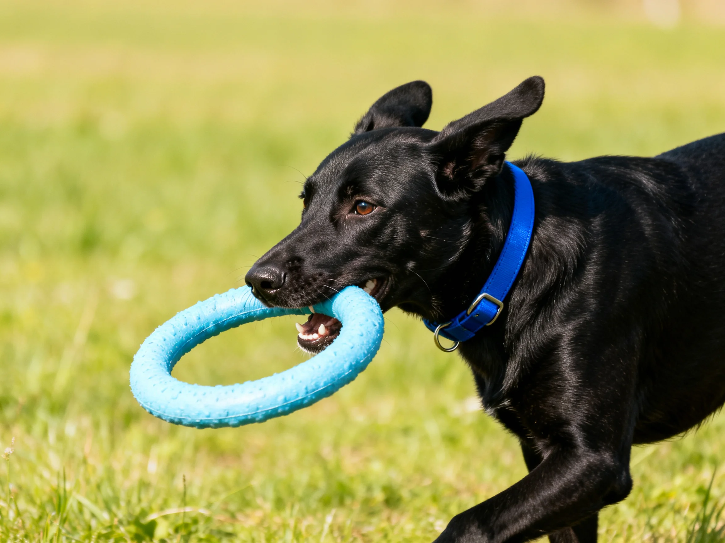 A black dog carries a blue ring toy while running through grass