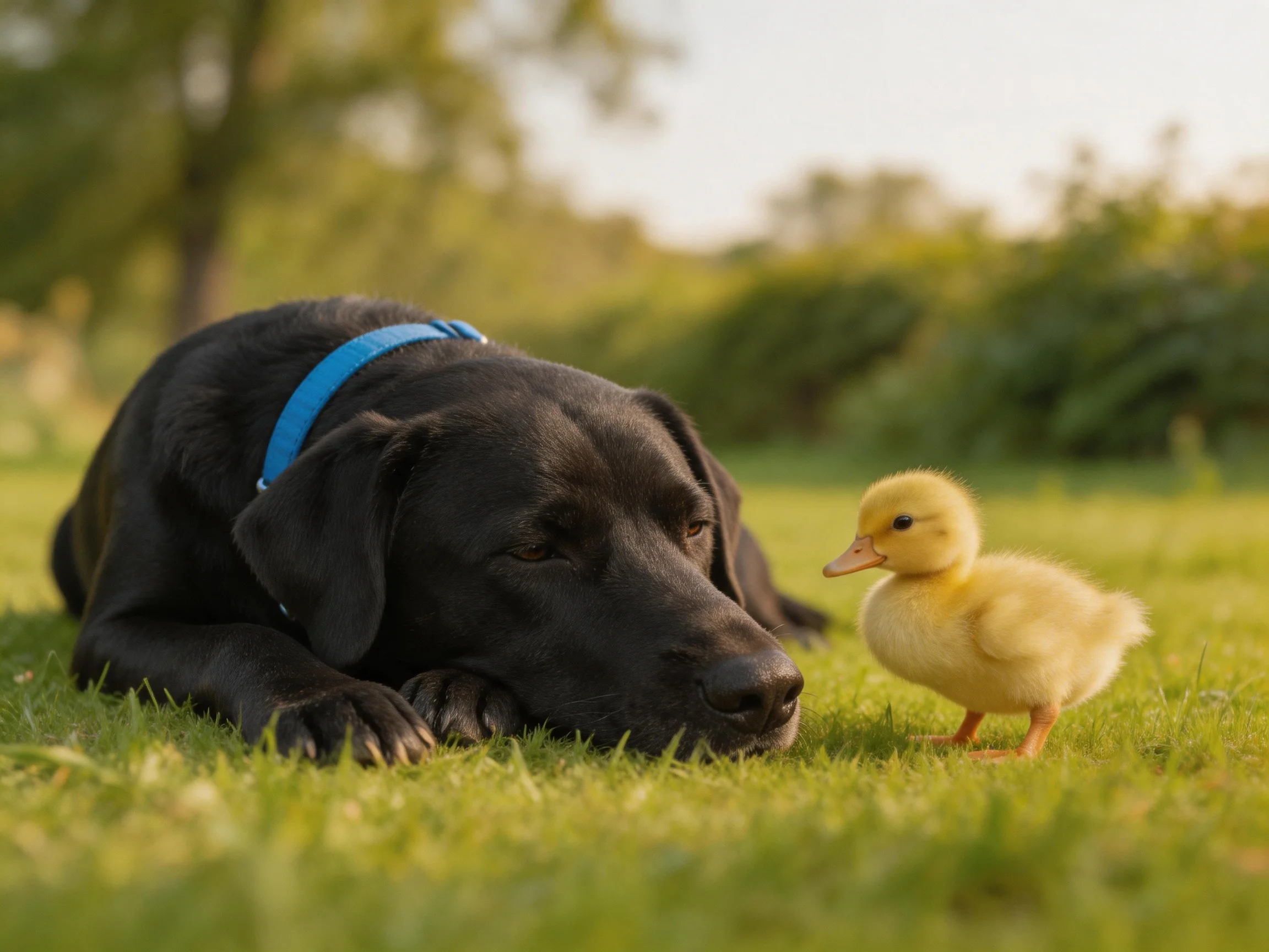 A black dog and a small yellow duckling are together on grass in a sunny outdoor space.