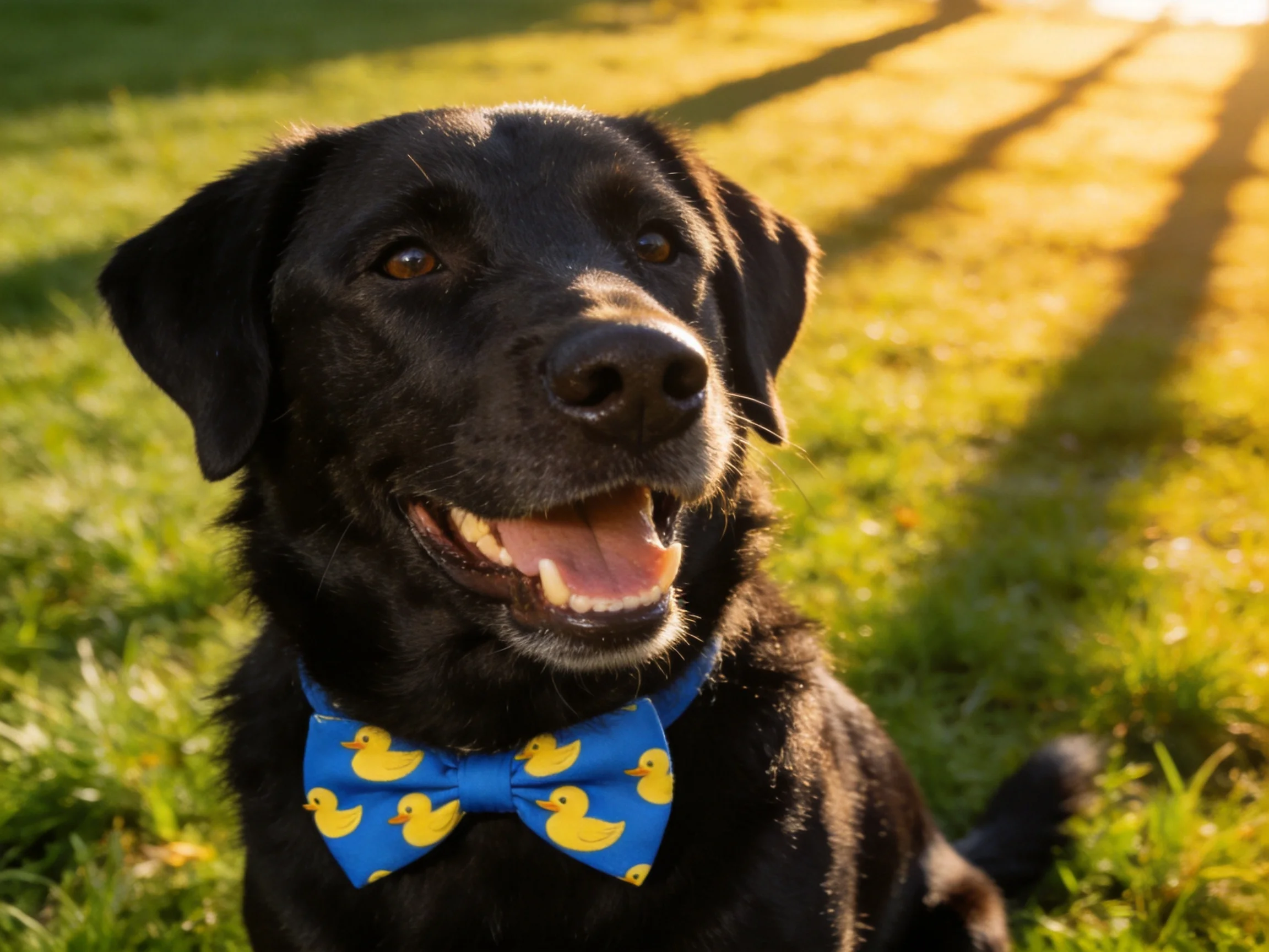 A black dog with a blue duck-patterned bow tie sits on green grass.