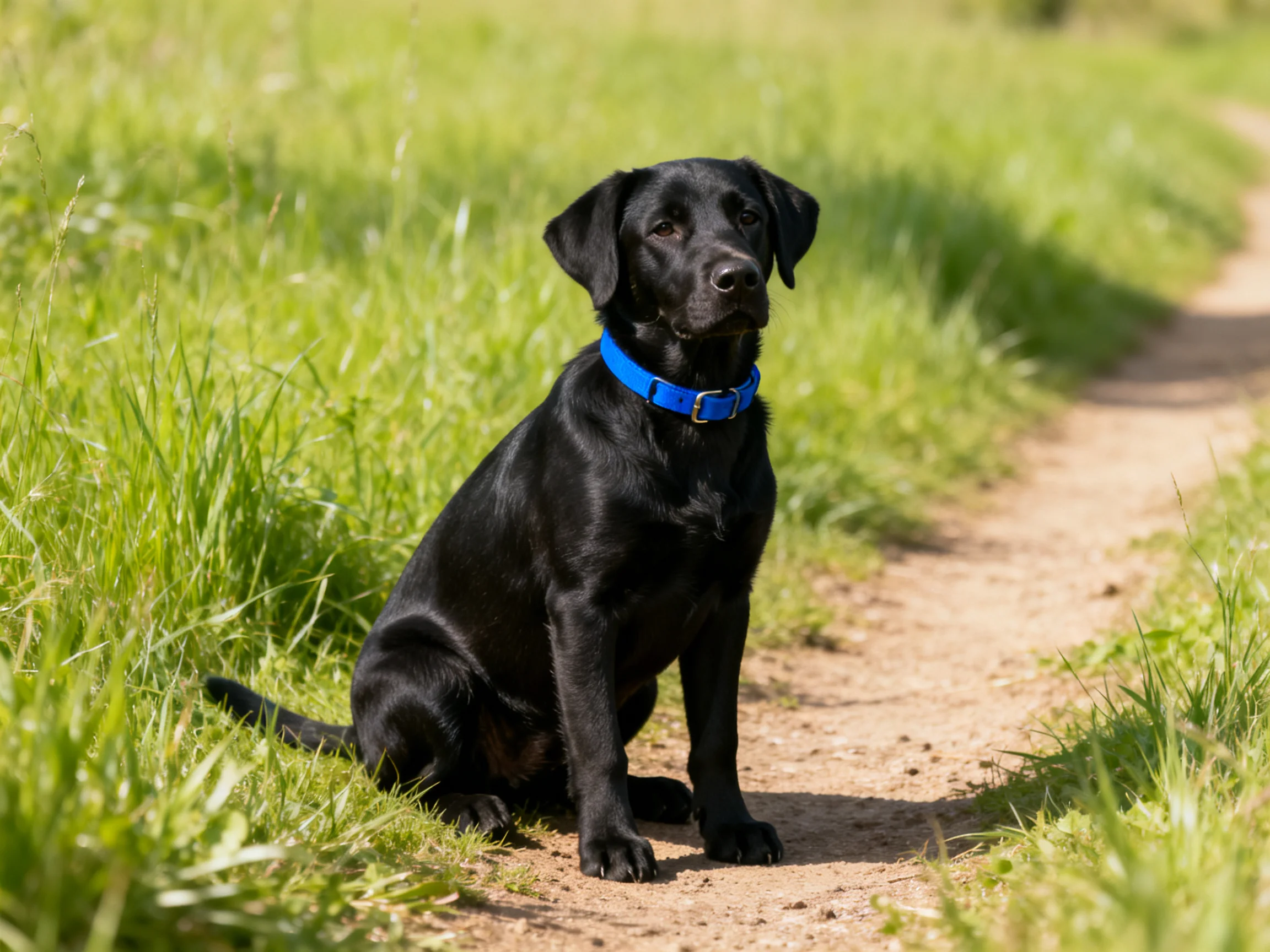 A black dog with a bright blue collar sits on a dirt path amid tall green grass